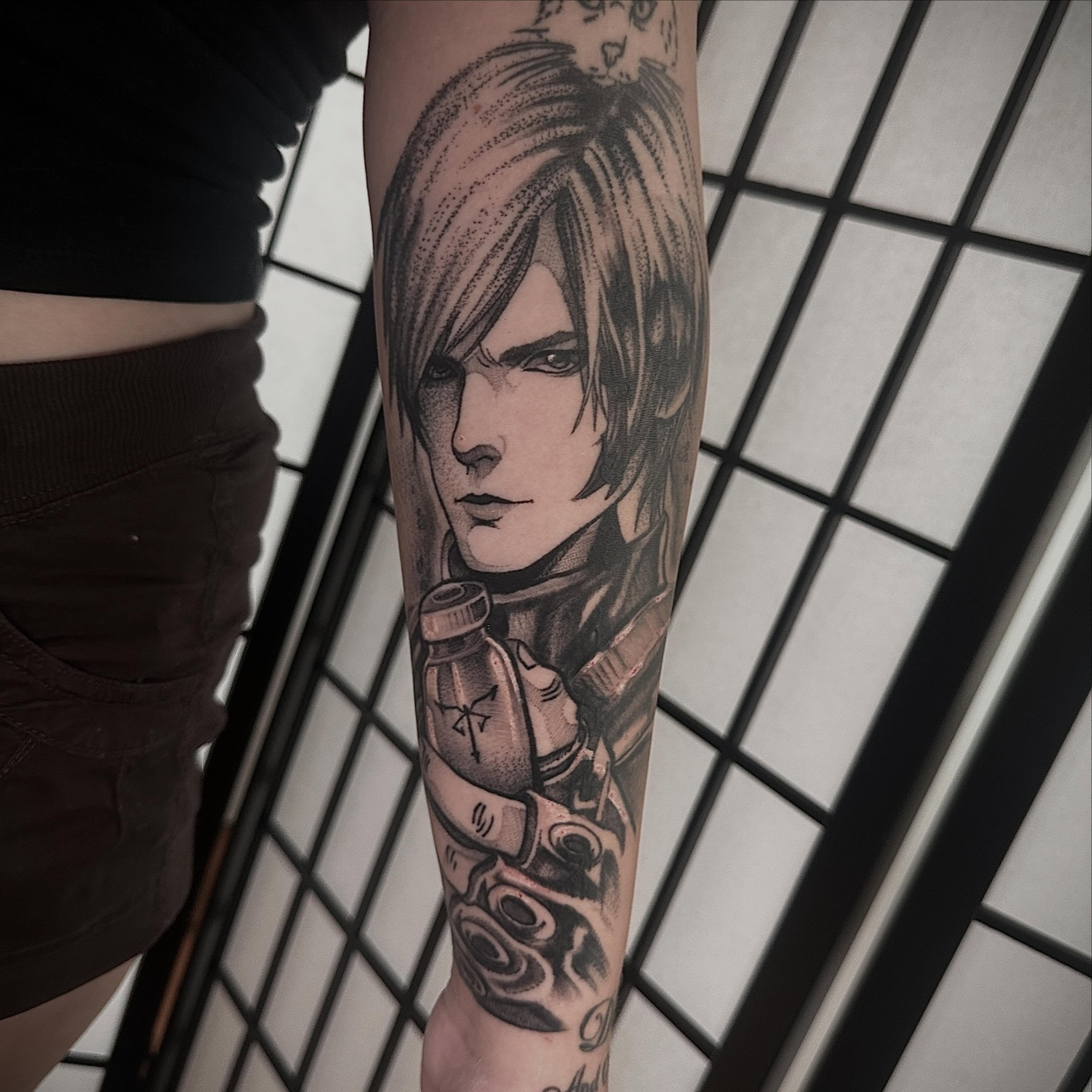 Anime character dotwork tattoo on the forearm by Javier Rivera