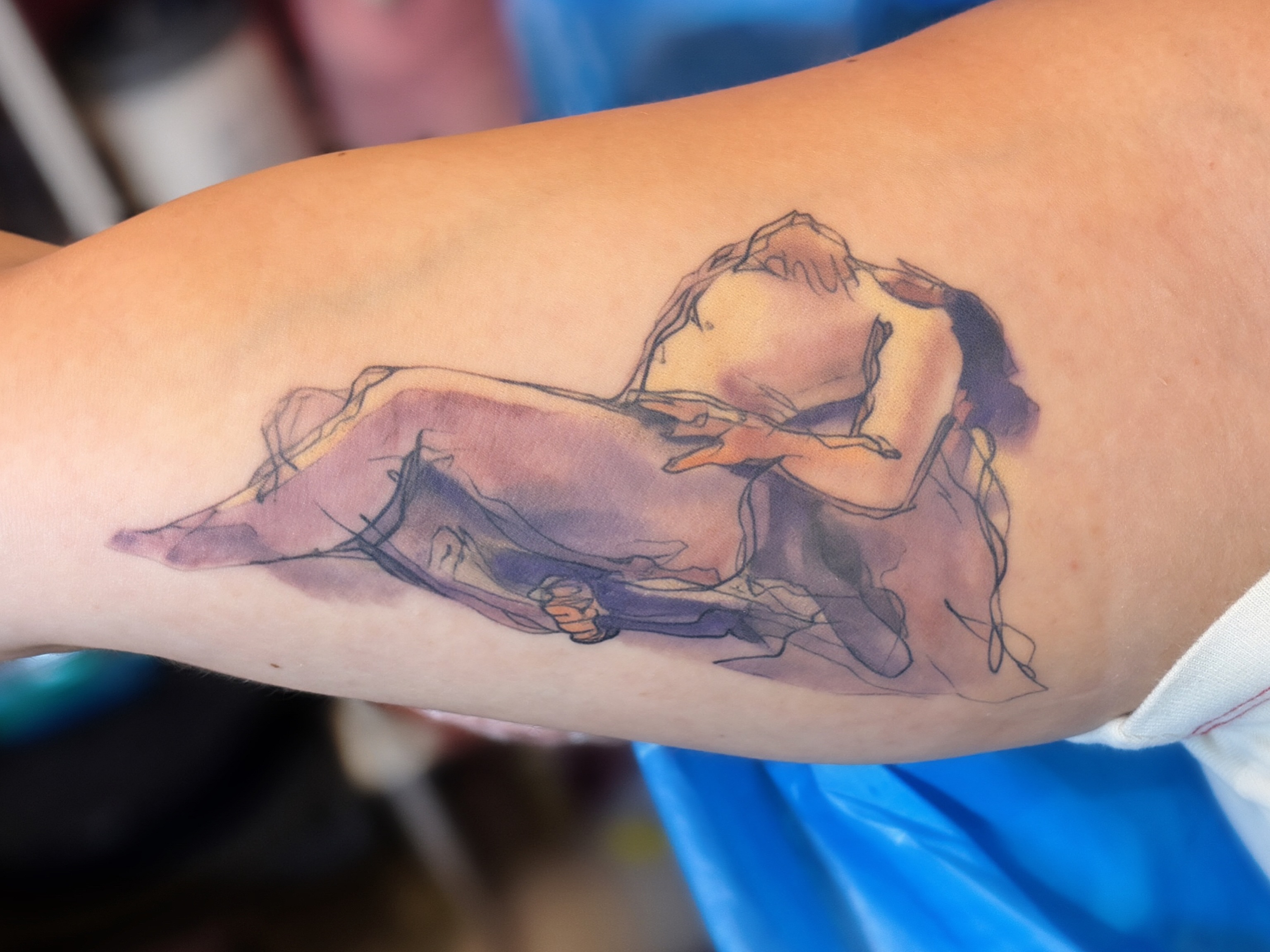 Couple embracing watercolor tattoo on the forearm by Kbryanttattoos, Ohio City, Ohio