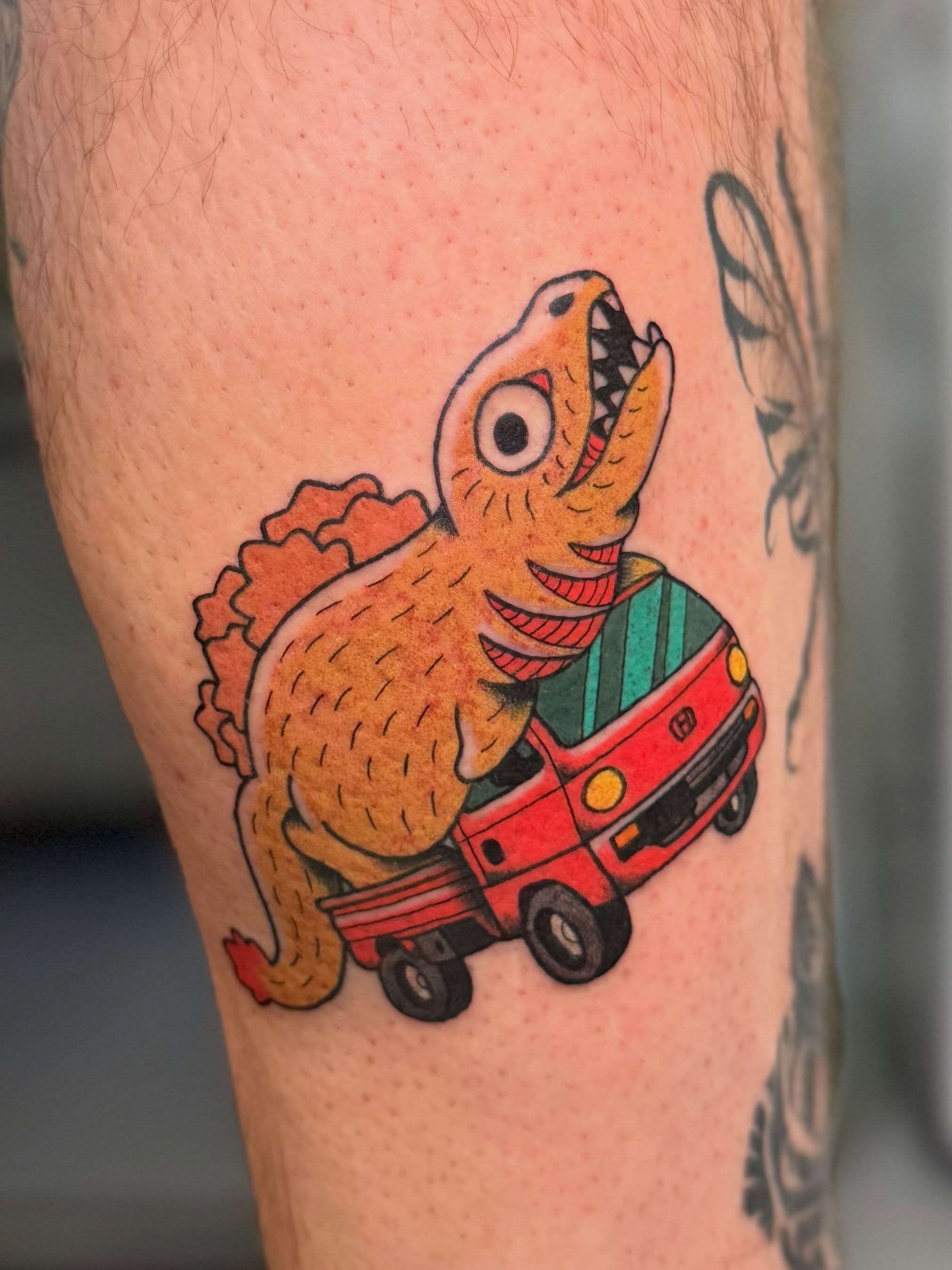 Dinosaur driving car dotwork tattoo on the forearm by binh