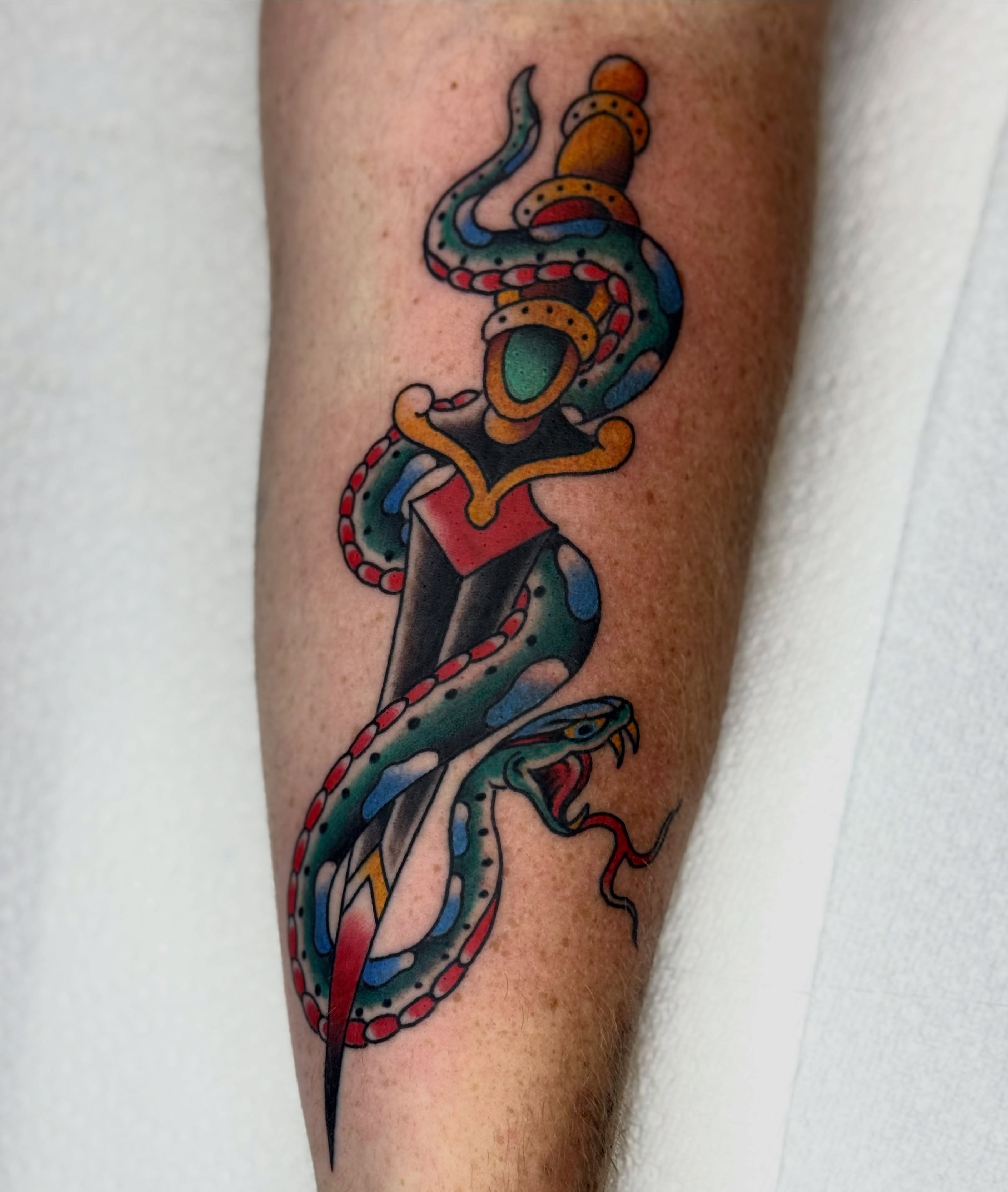 Snake and dagger American traditional tattoo on the forearm by Domanick Libretti, Nashville, Tennessee