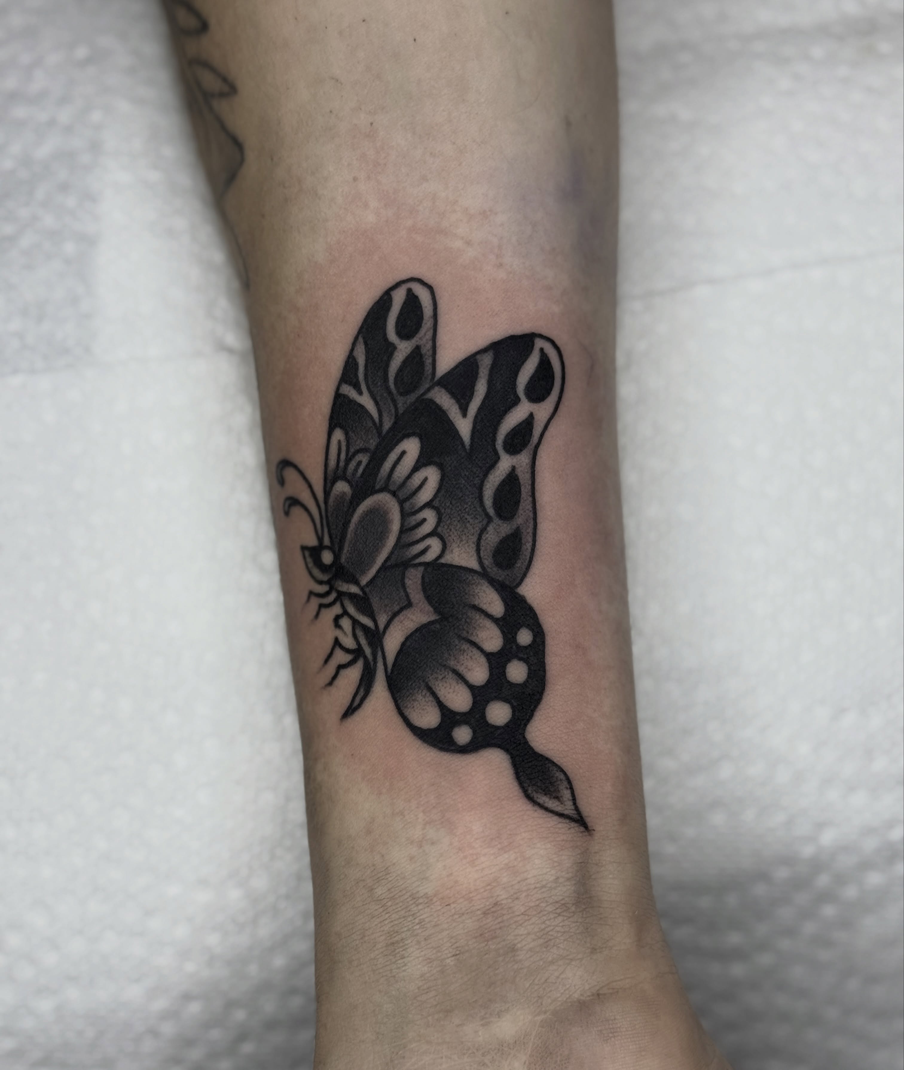 Butterfly black and grey tattoo on the forearm by Domanick Libretti, Nashville, Tennessee