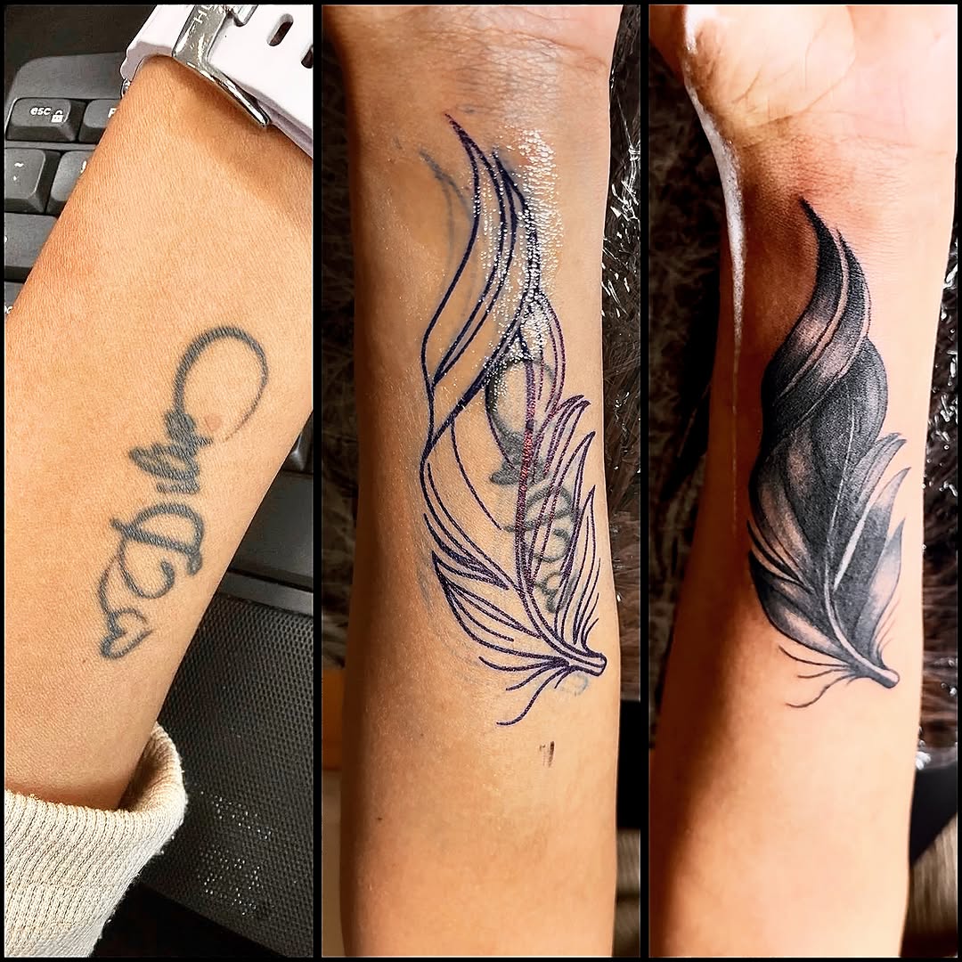 Feather black and grey tattoo on the forearm by I N K S L A y e R