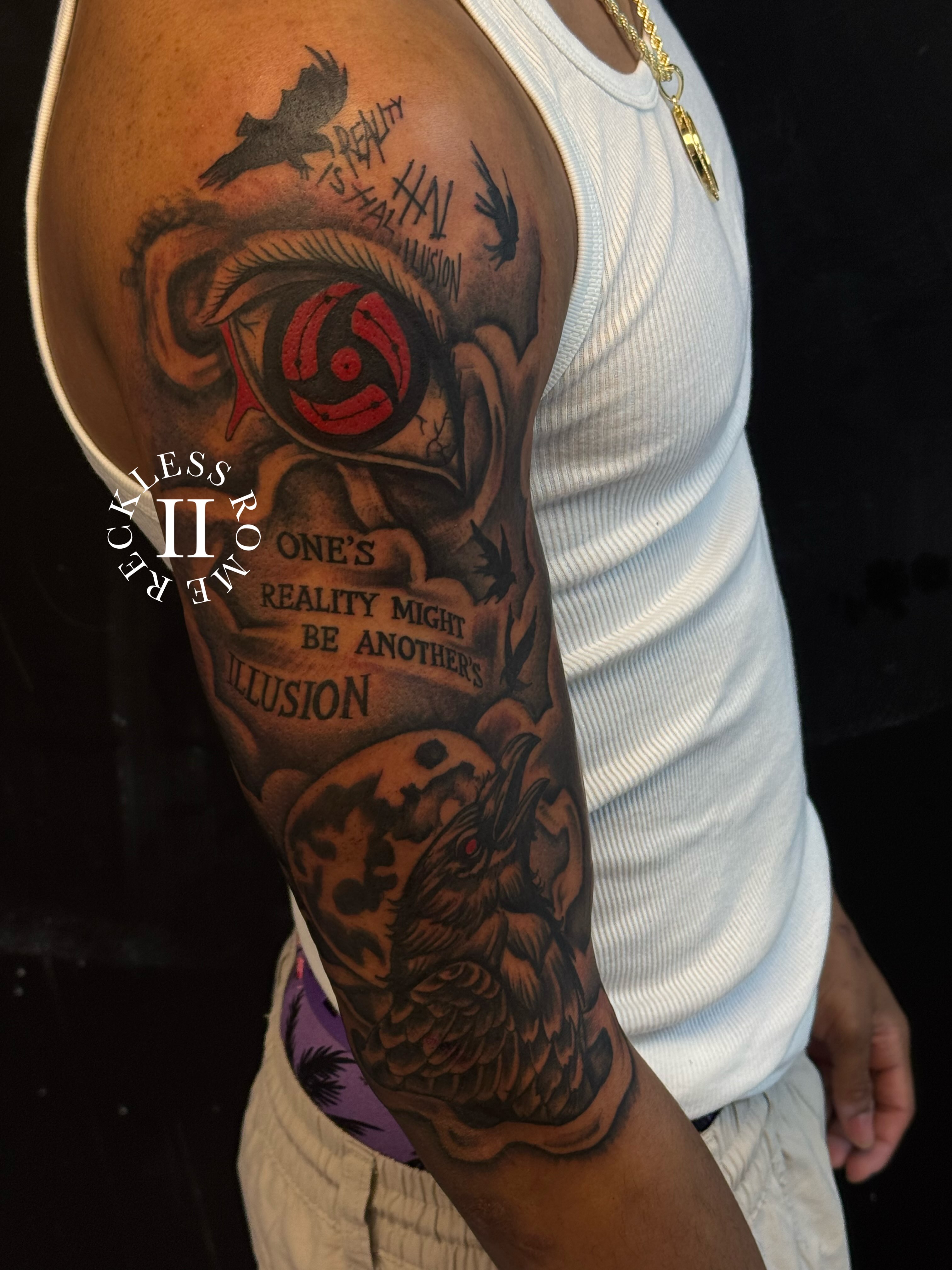 Eye and crow neo-traditional tattoo on the upper arm by Rome