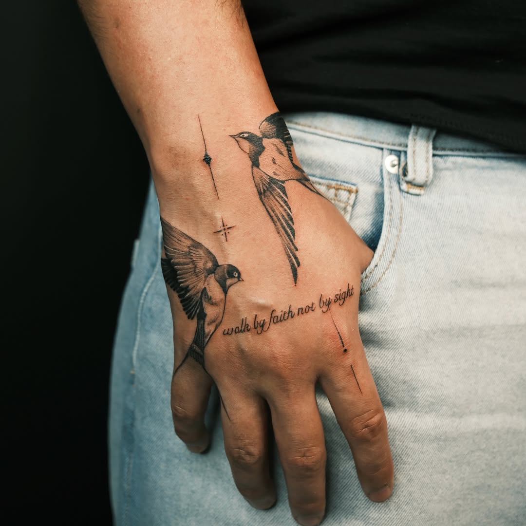 Birds and cross black and grey tattoo on the hand by Vu Nguyen