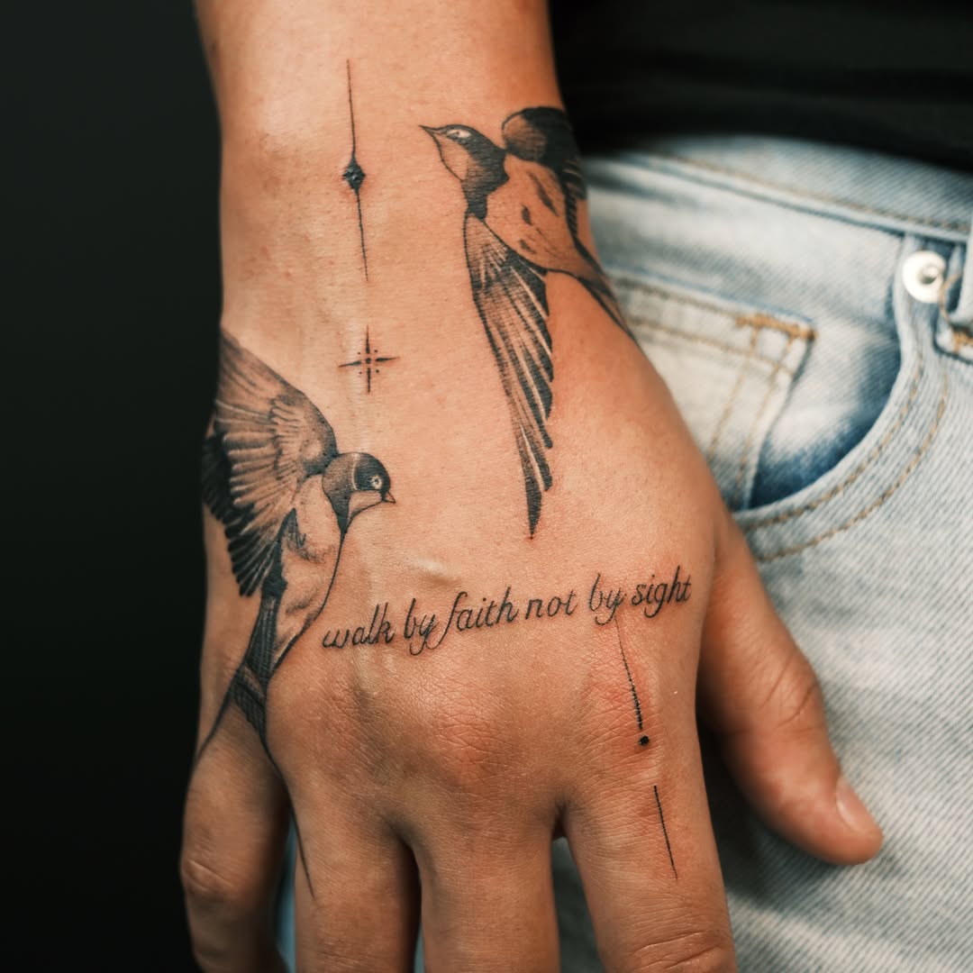 Birds and inspirational quote black and grey tattoo on the hand by Vu Nguyen