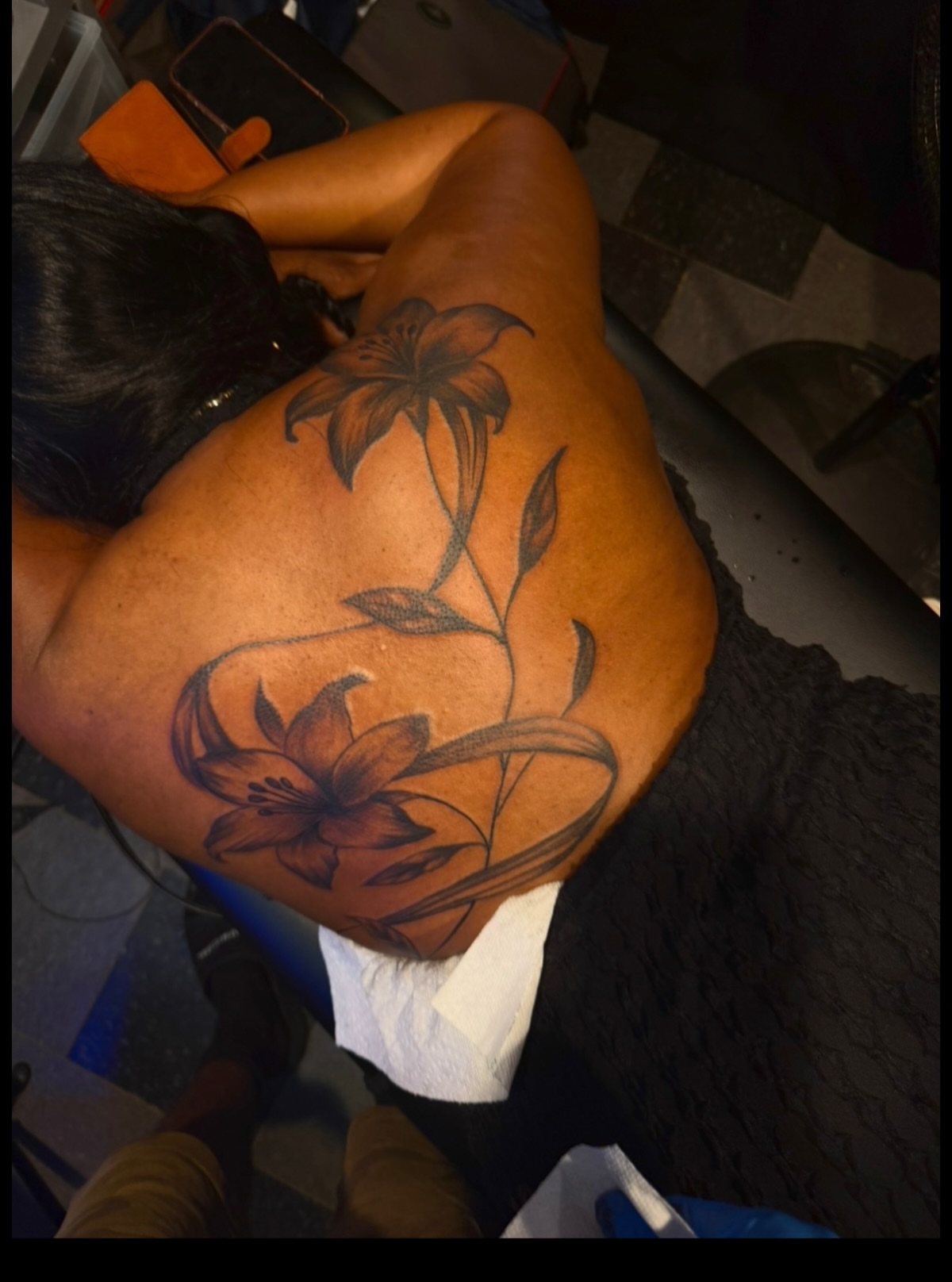 Lily black and grey tattoo on the thigh by Lamb, Philadelphia, Pennsylvania