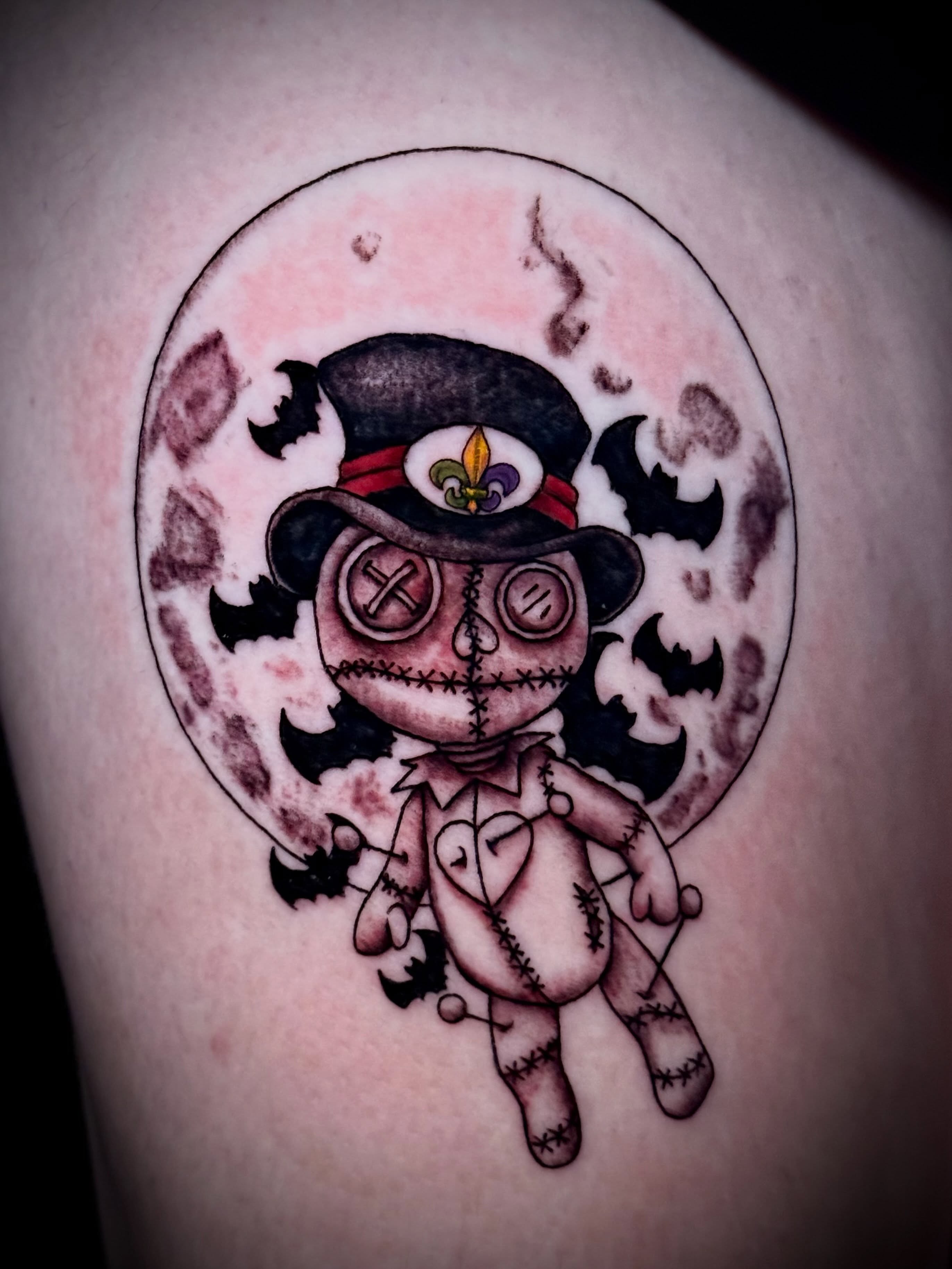 Voodoo doll American traditional tattoo on the thigh by π΅ππππππ¦π€