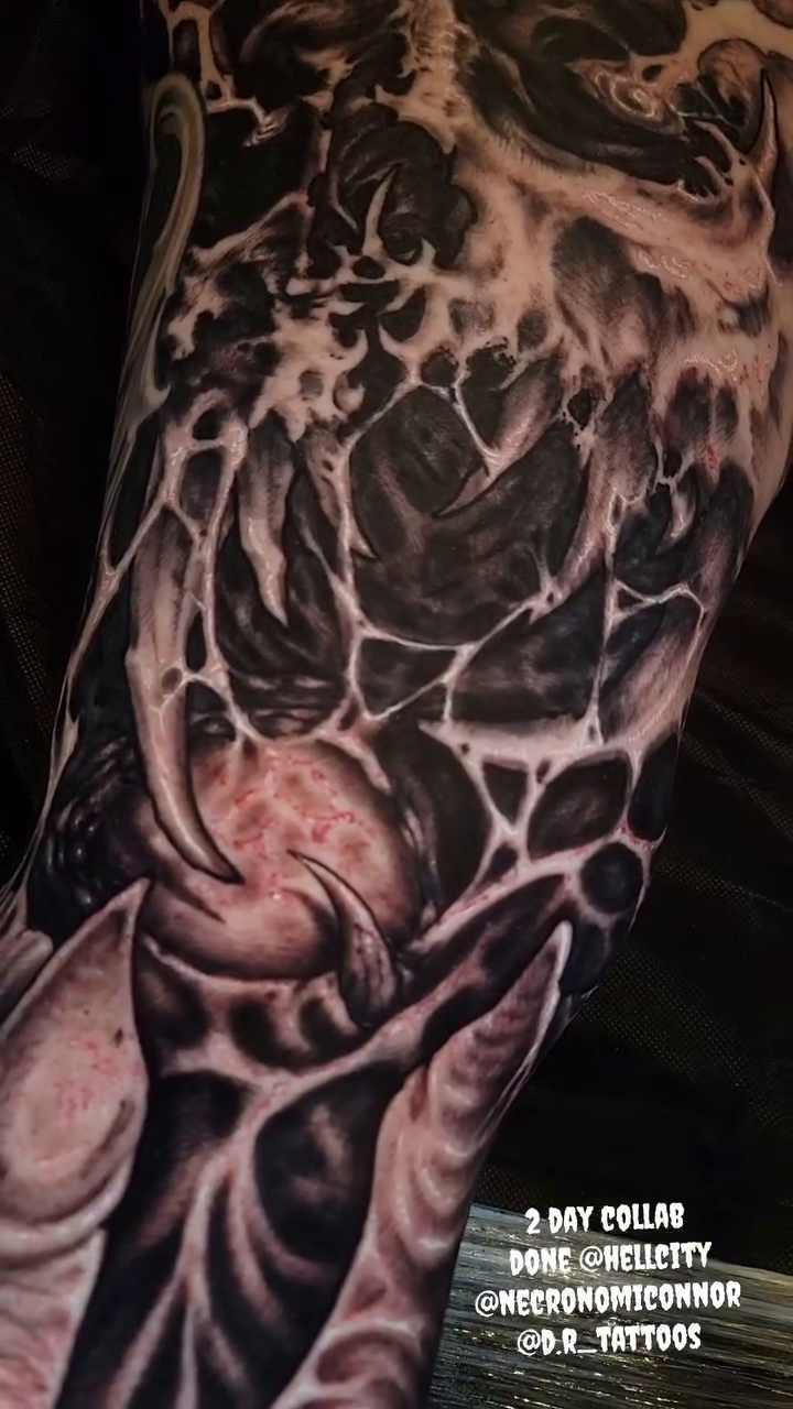 Biomechanical horror creature dark realism tattoo by Chicagoland Tattoo artist - Dany Rojas