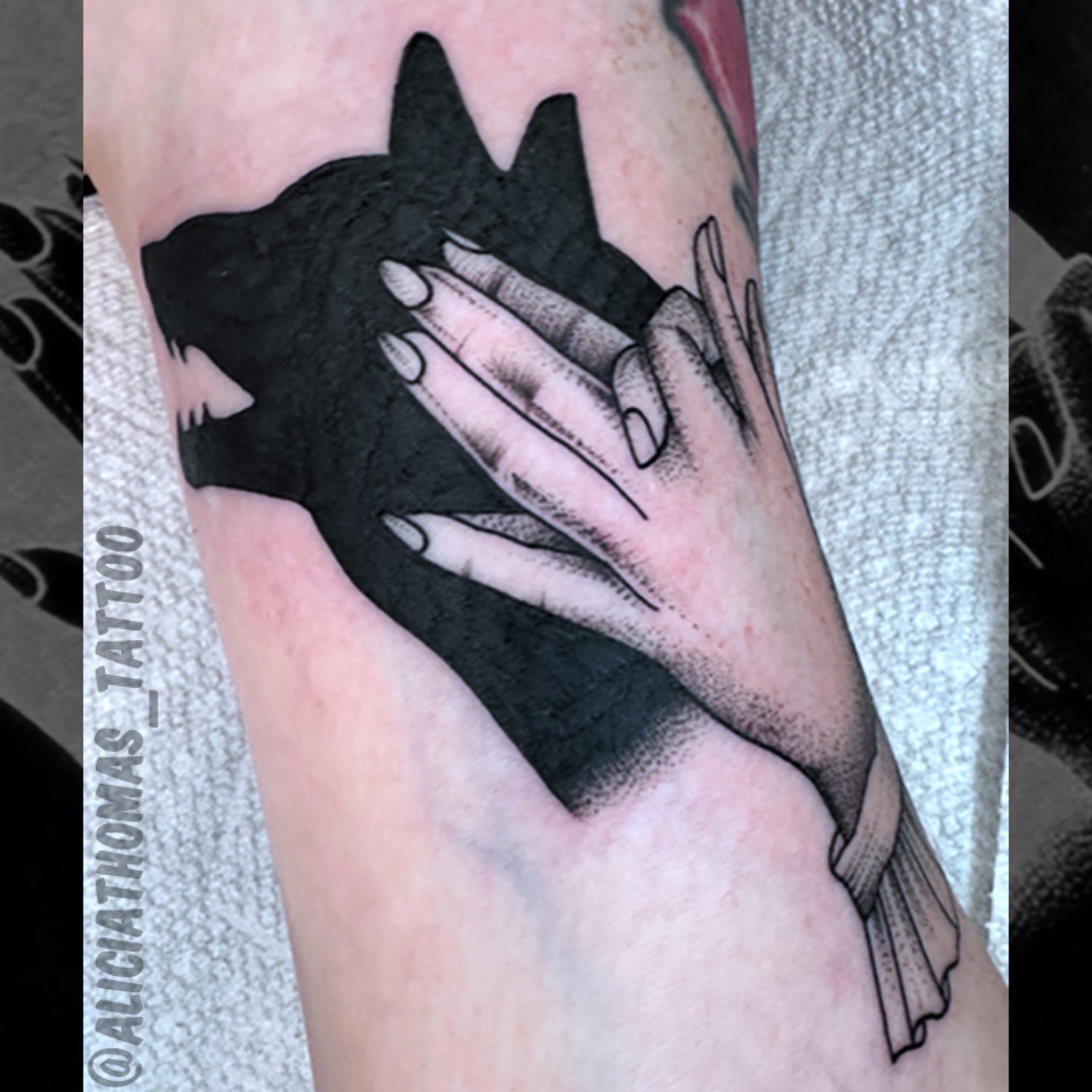 Dog and hands dotwork tattoo on the forearm by 𝖆𝖑𝖎𝖈𝖎𝖆 𝖙𝖍𝖔𝖒𝖆𝖘
