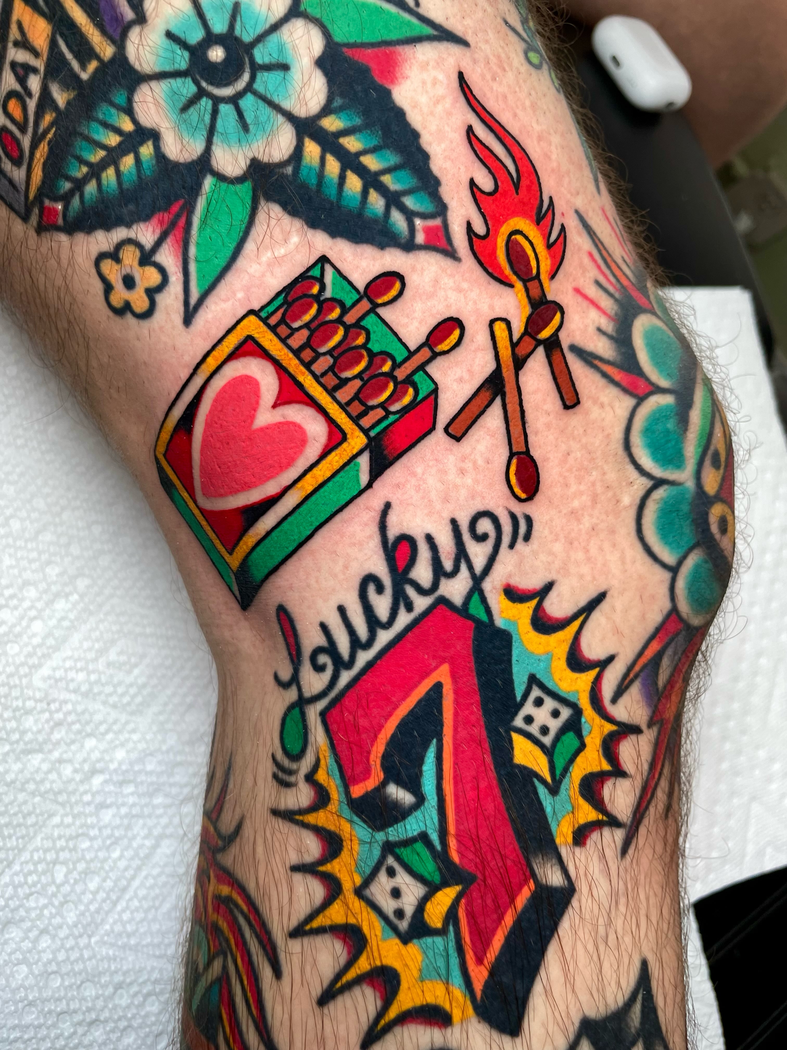 Matches, heart, dice, lucky American traditional tattoo on the forearm by Ryan McDonald