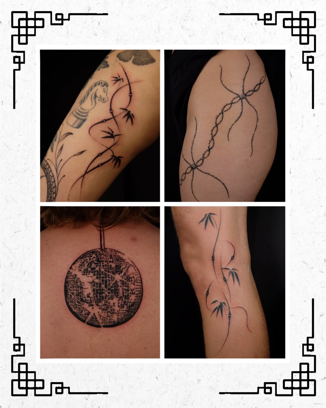 Bamboo and archery fine line tattoo on the upper arm by lela