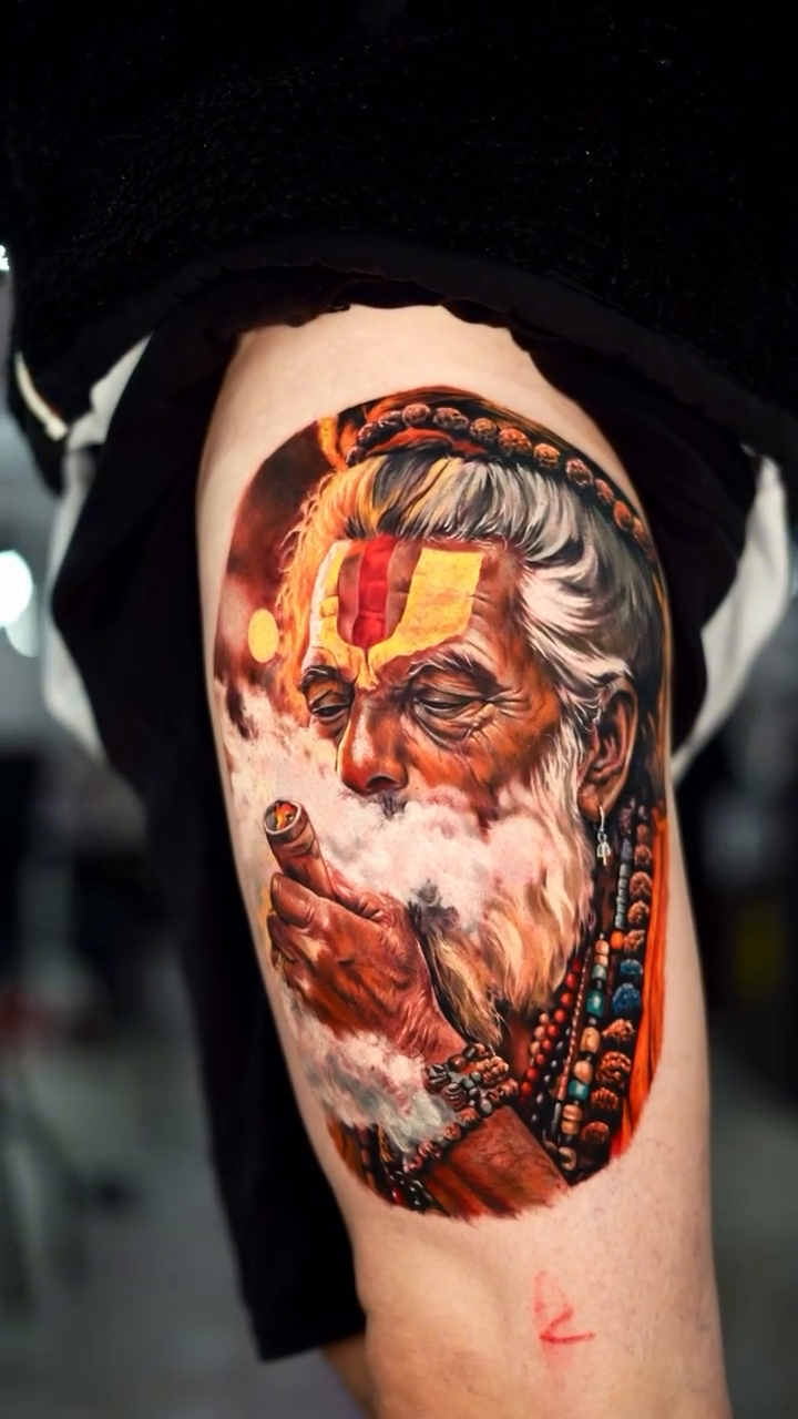 Old man smoking realism tattoo by Bishop Tattoo