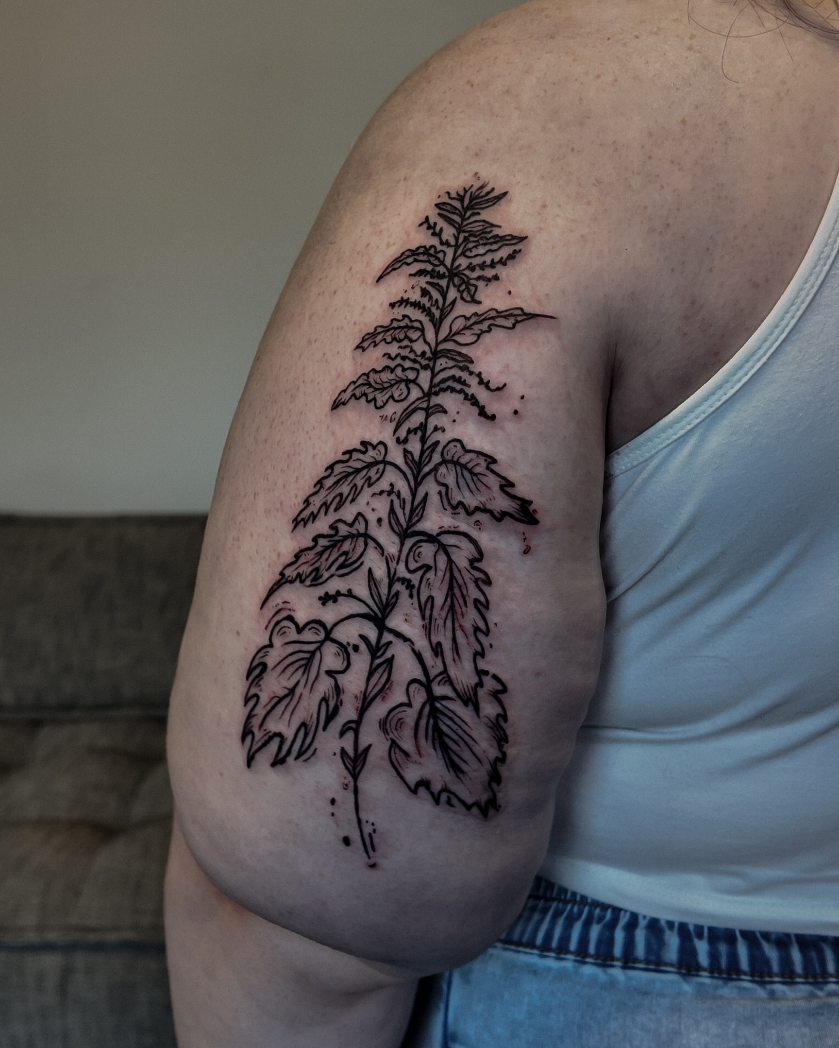 Plant black and grey tattoo on the upper arm by Morgan Diann