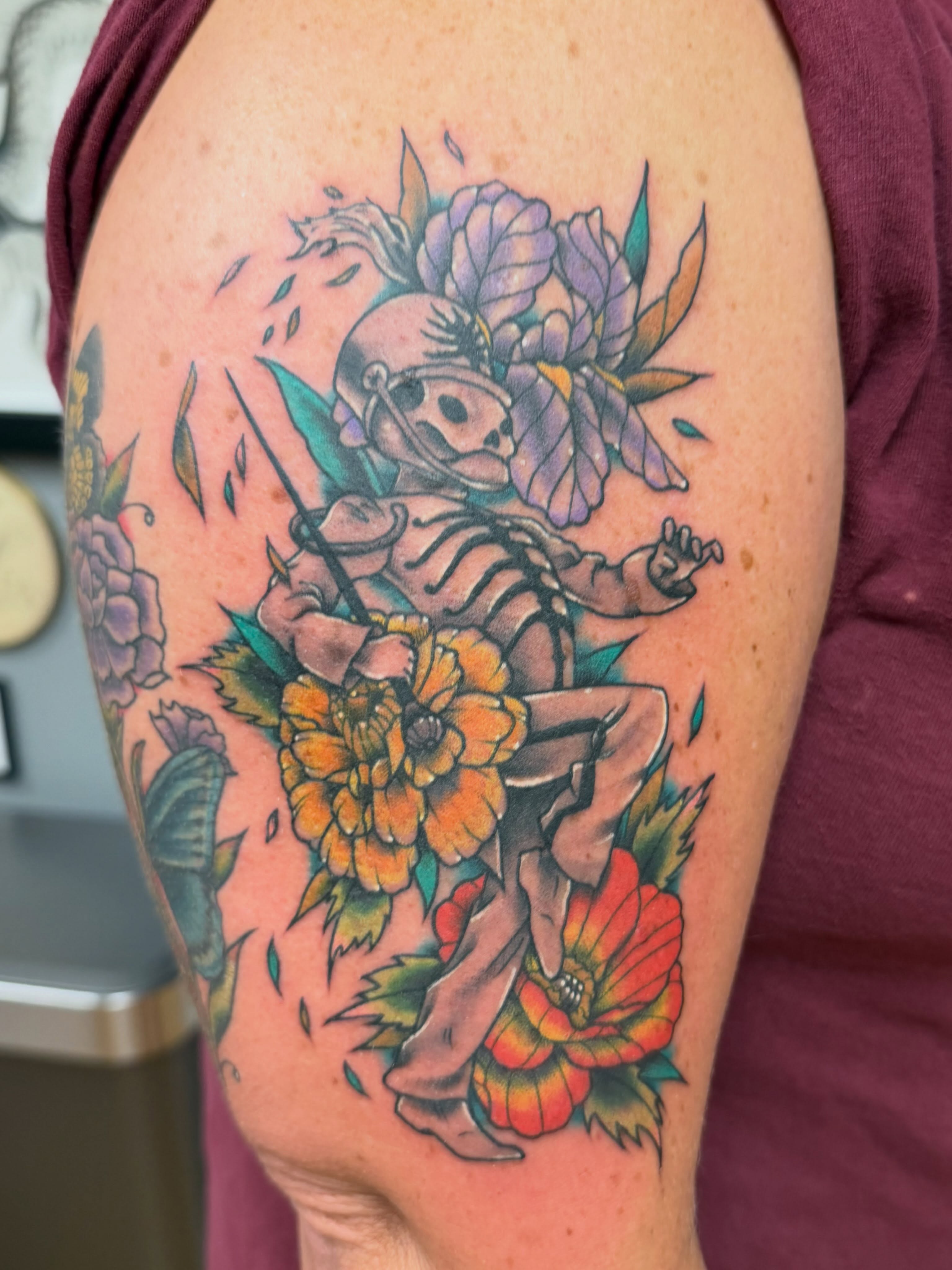 Samurai warrior new school tattoo on the shoulder by Mike Lachowicz