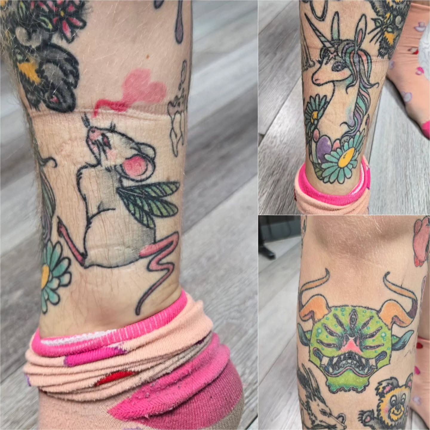 Unicorns and flowers new school tattoo on the forearm by Britty Love, Nashville, Tennessee