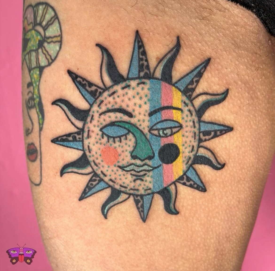 Sun American traditional tattoo on the thigh by Jess Koala, San Francisco, California