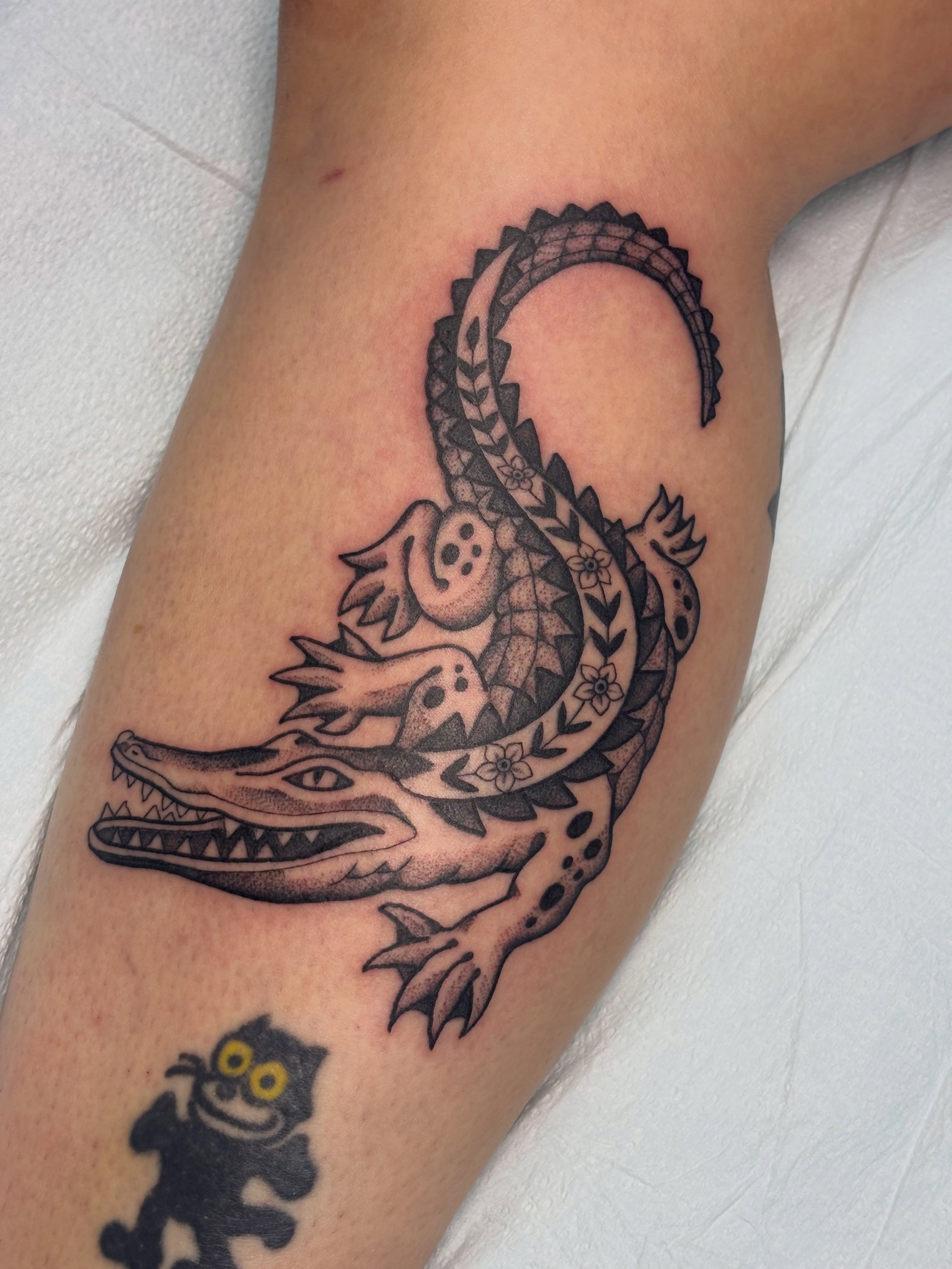 Alligator black and grey tattoo on the forearm by ✨madison✨, Portland, Oregon