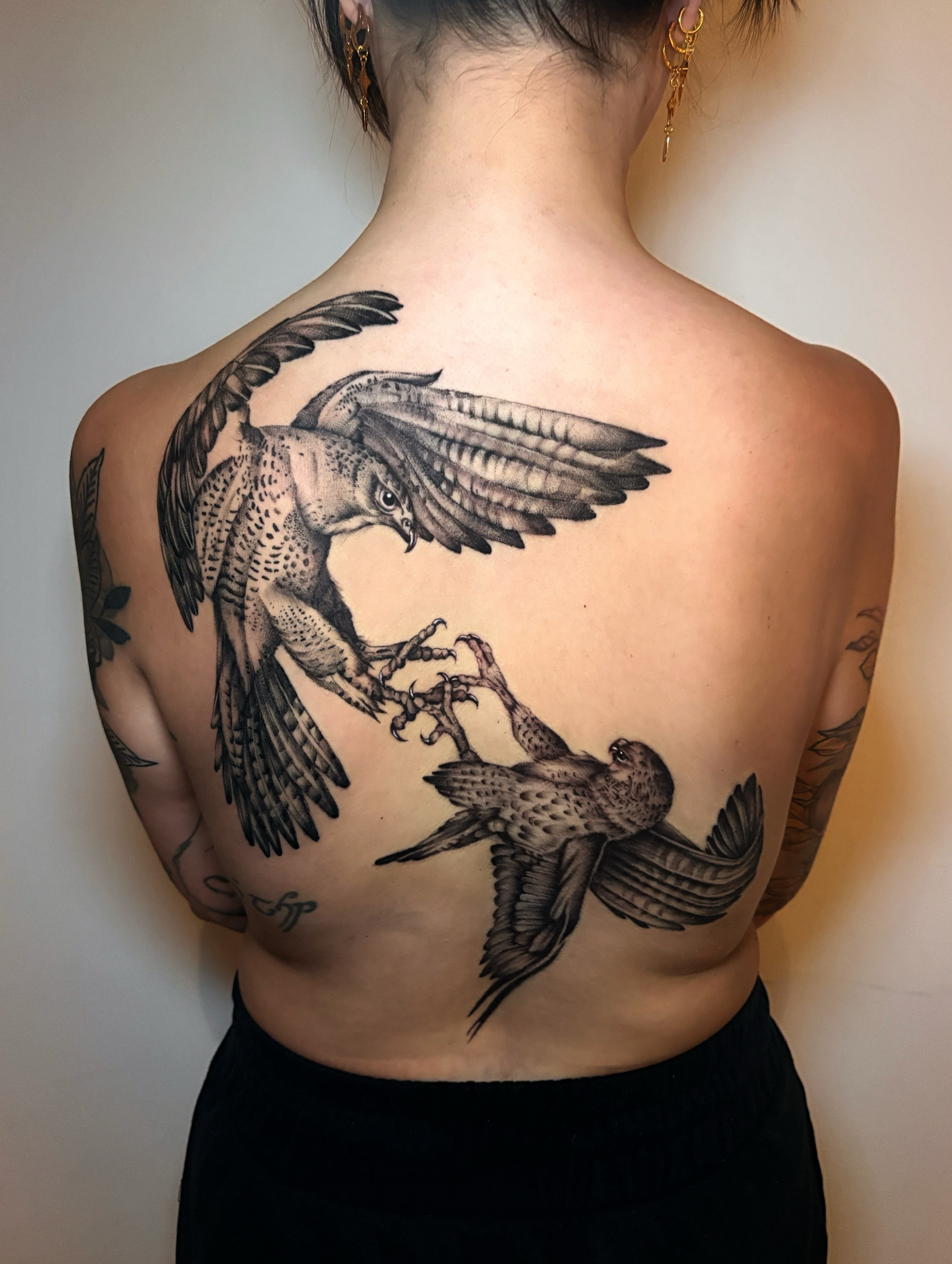 Hawk and falcon realism tattoo on the back by l i z ✶