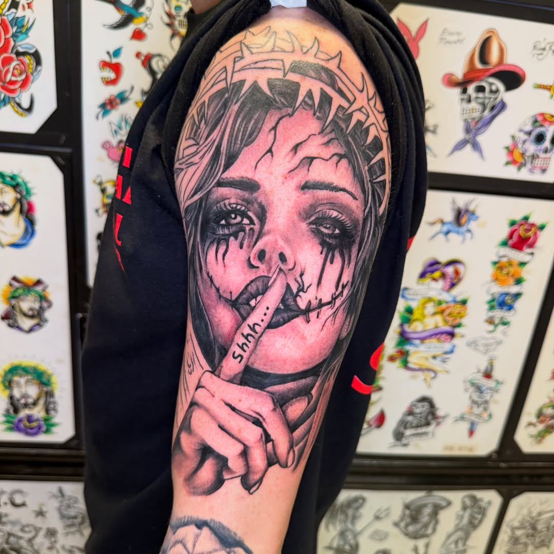 Woman with cigarette realism tattoo on the forearm by Mike Dunn