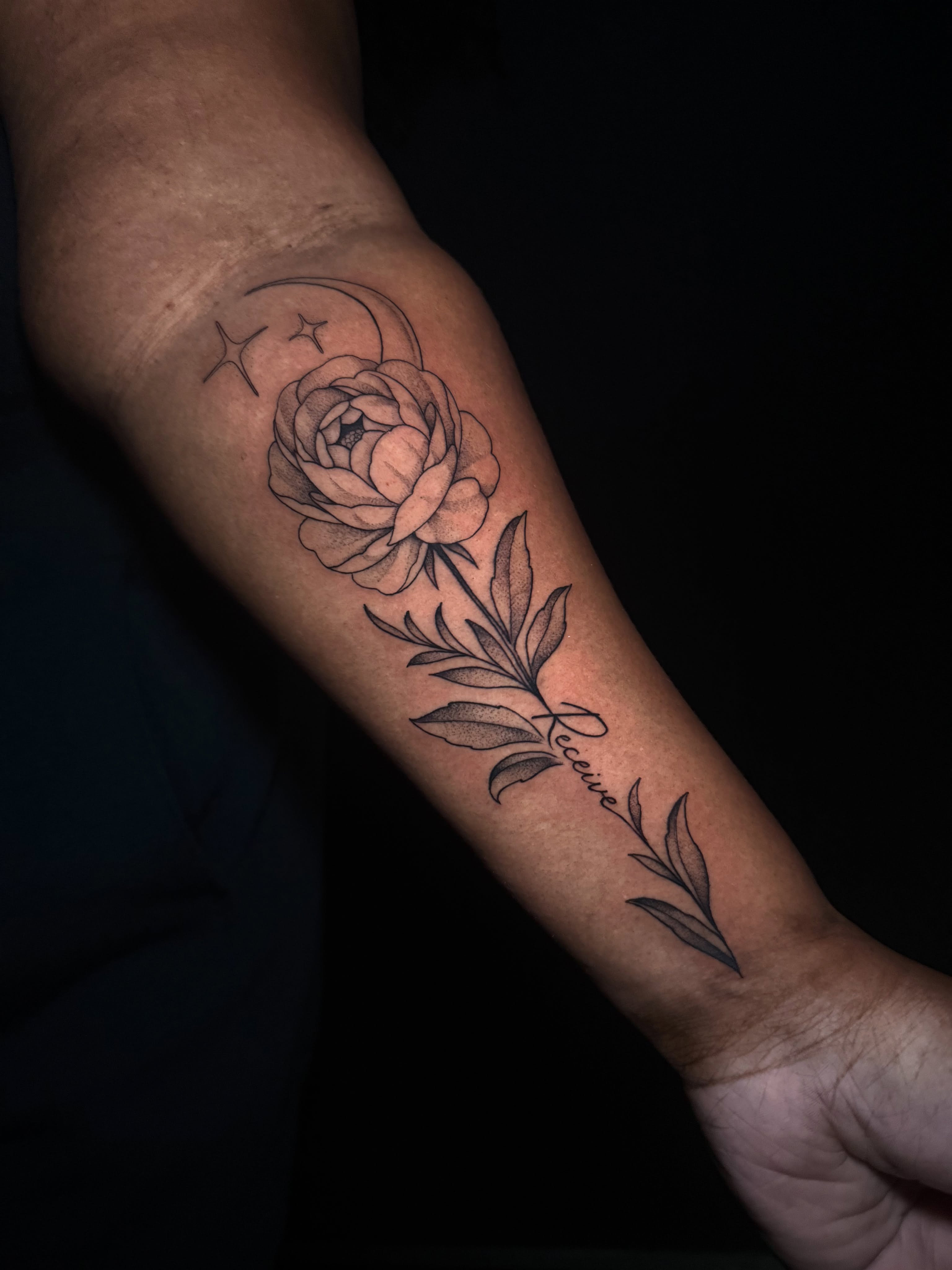 Peony and moon black and grey tattoo on the forearm by Lauren B