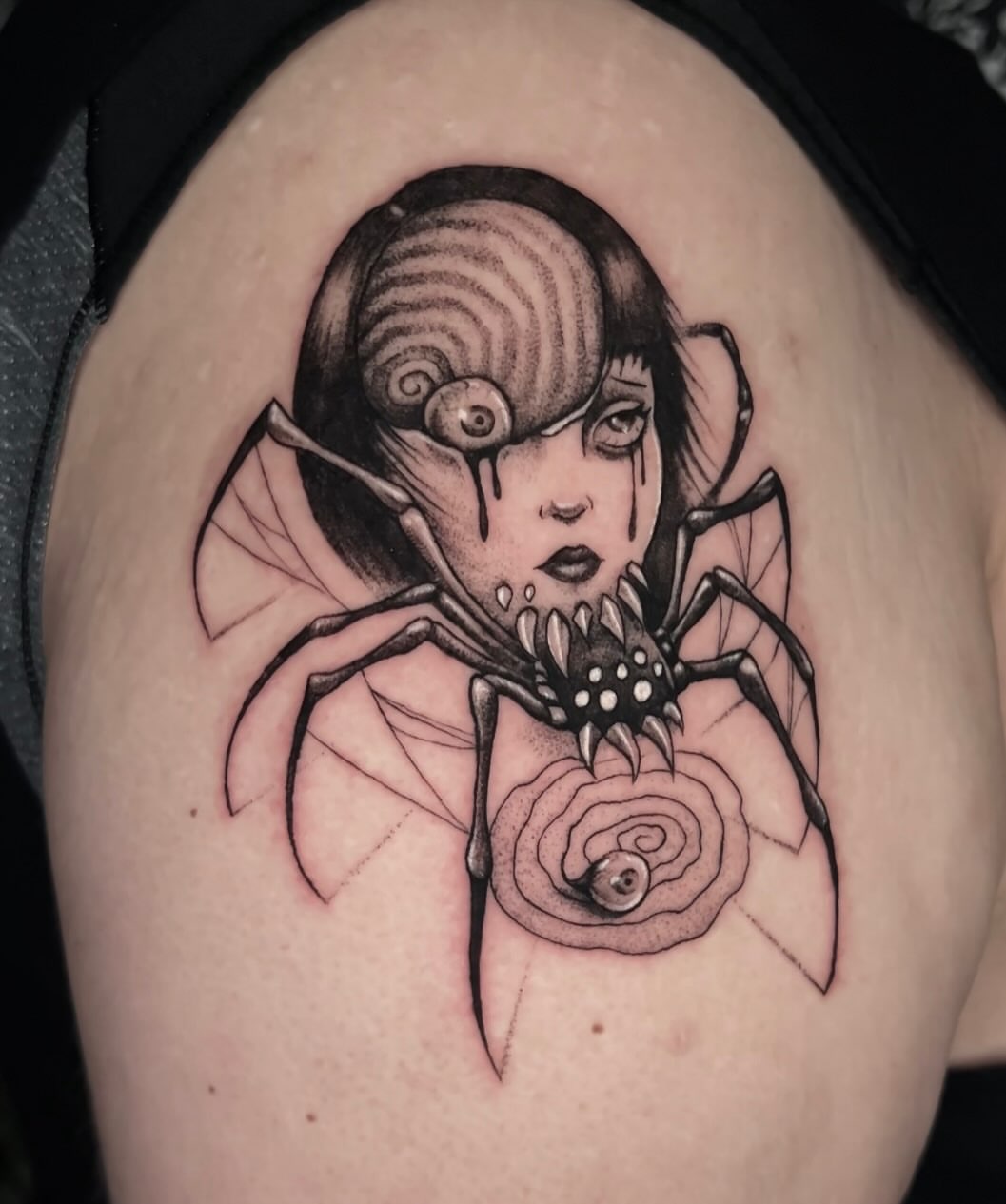 Woman with spider dark realism tattoo on the shoulder by π·ππ πππππ π·οΈ