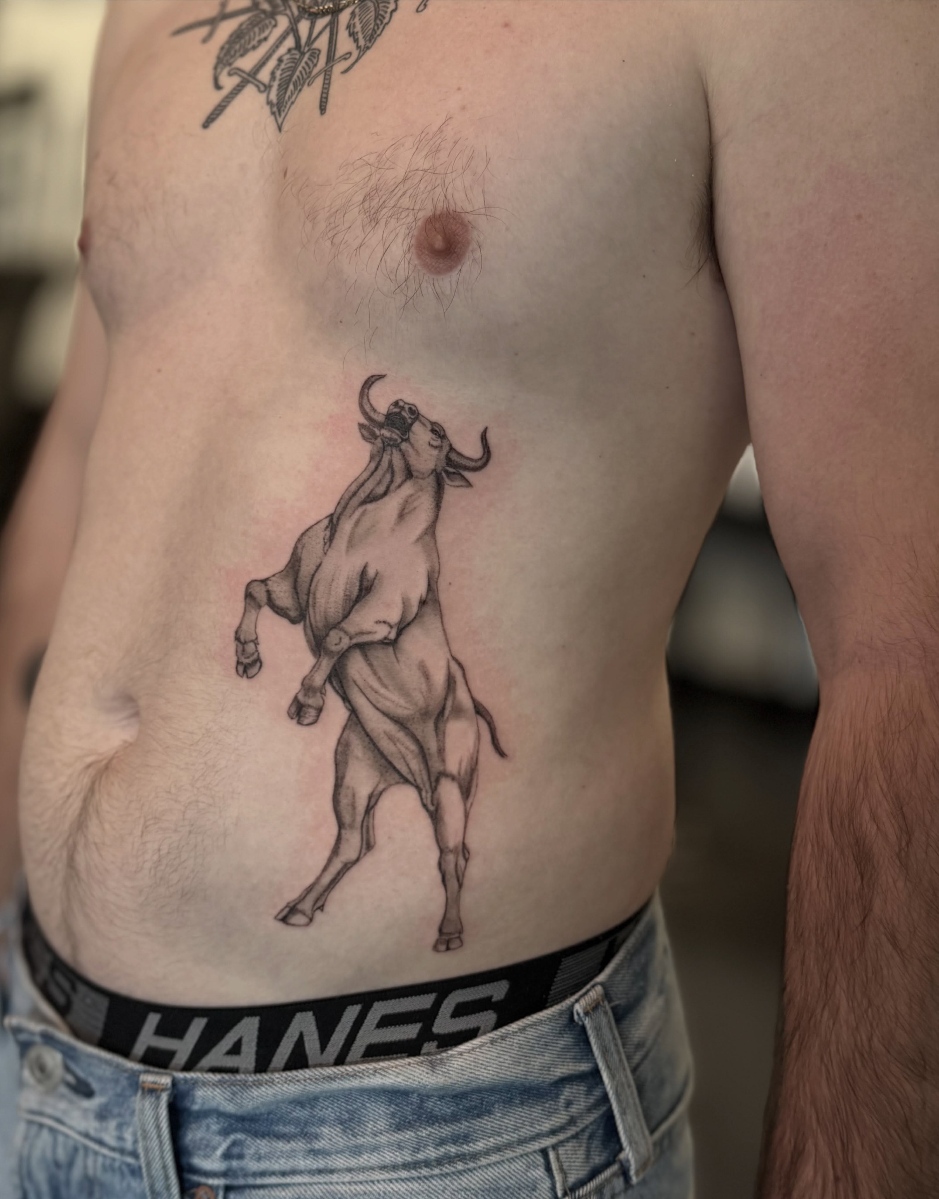 Bull black and grey tattoo on the ribs by Raleigh tattoo artist, Raleigh, North Carolina