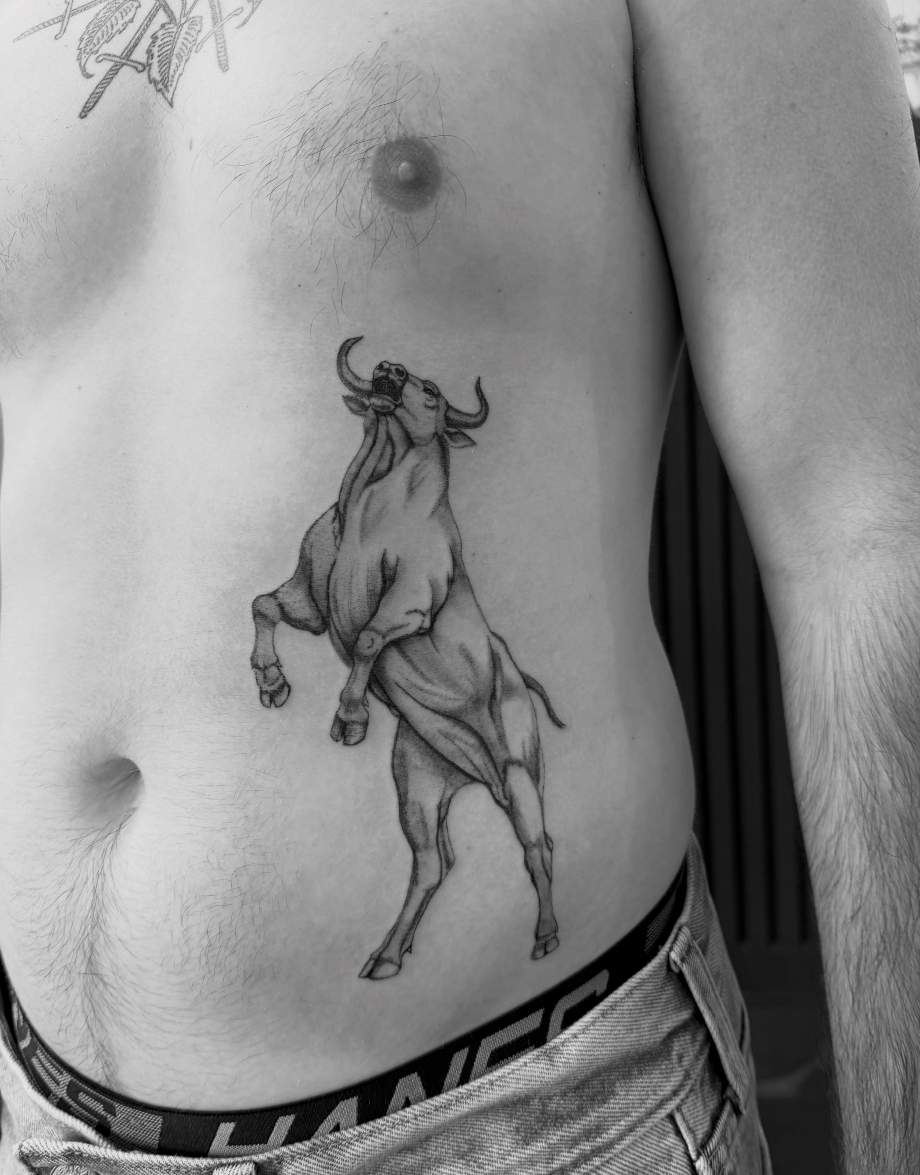 Bull black and grey tattoo on the ribs by Raleigh tattoo artist, Raleigh, North Carolina