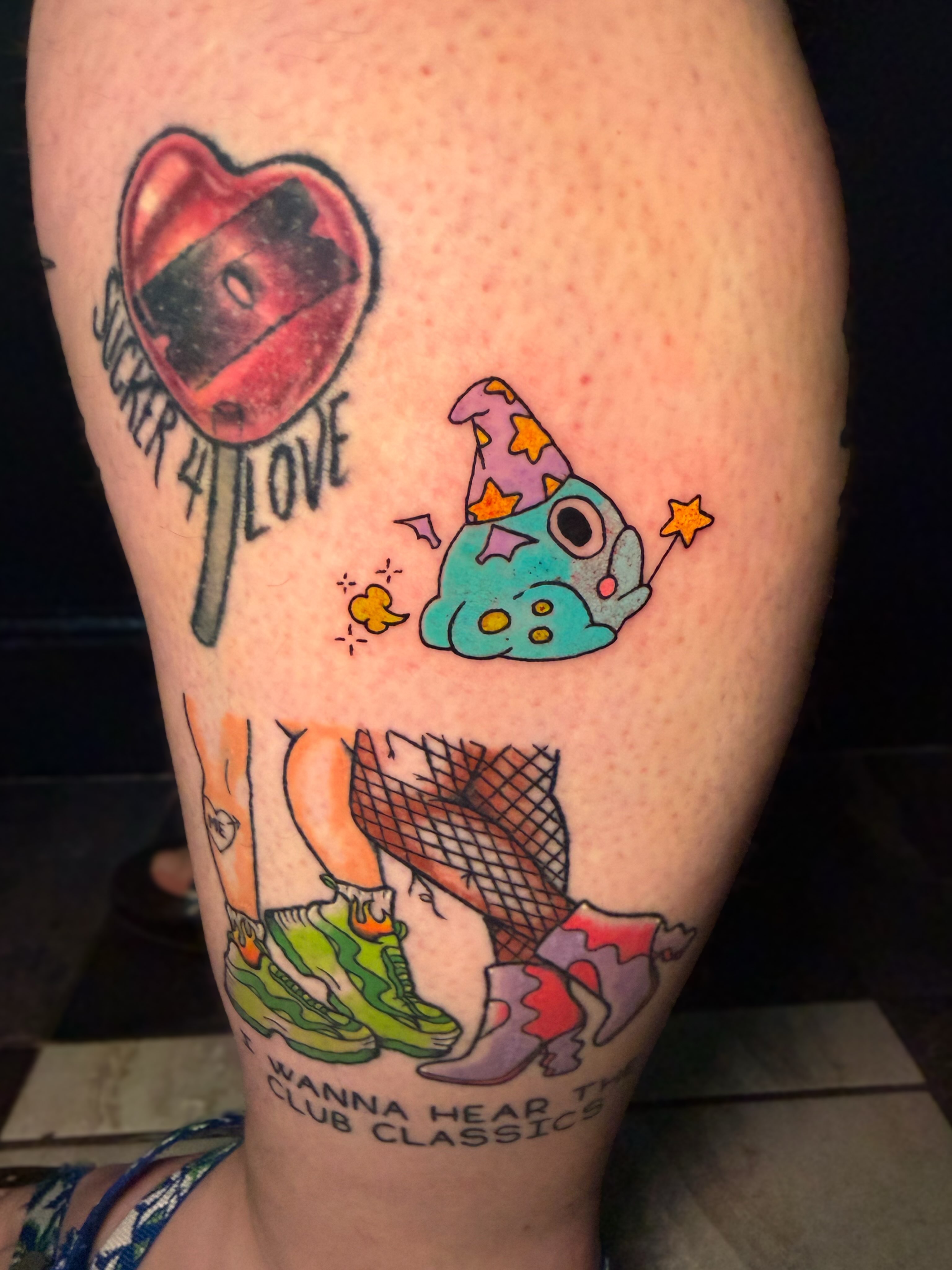 Lollipop, wizard hat, sneakers new school tattoo on the thigh by Ivy-Jade Edwards, Memphis, Tennessee