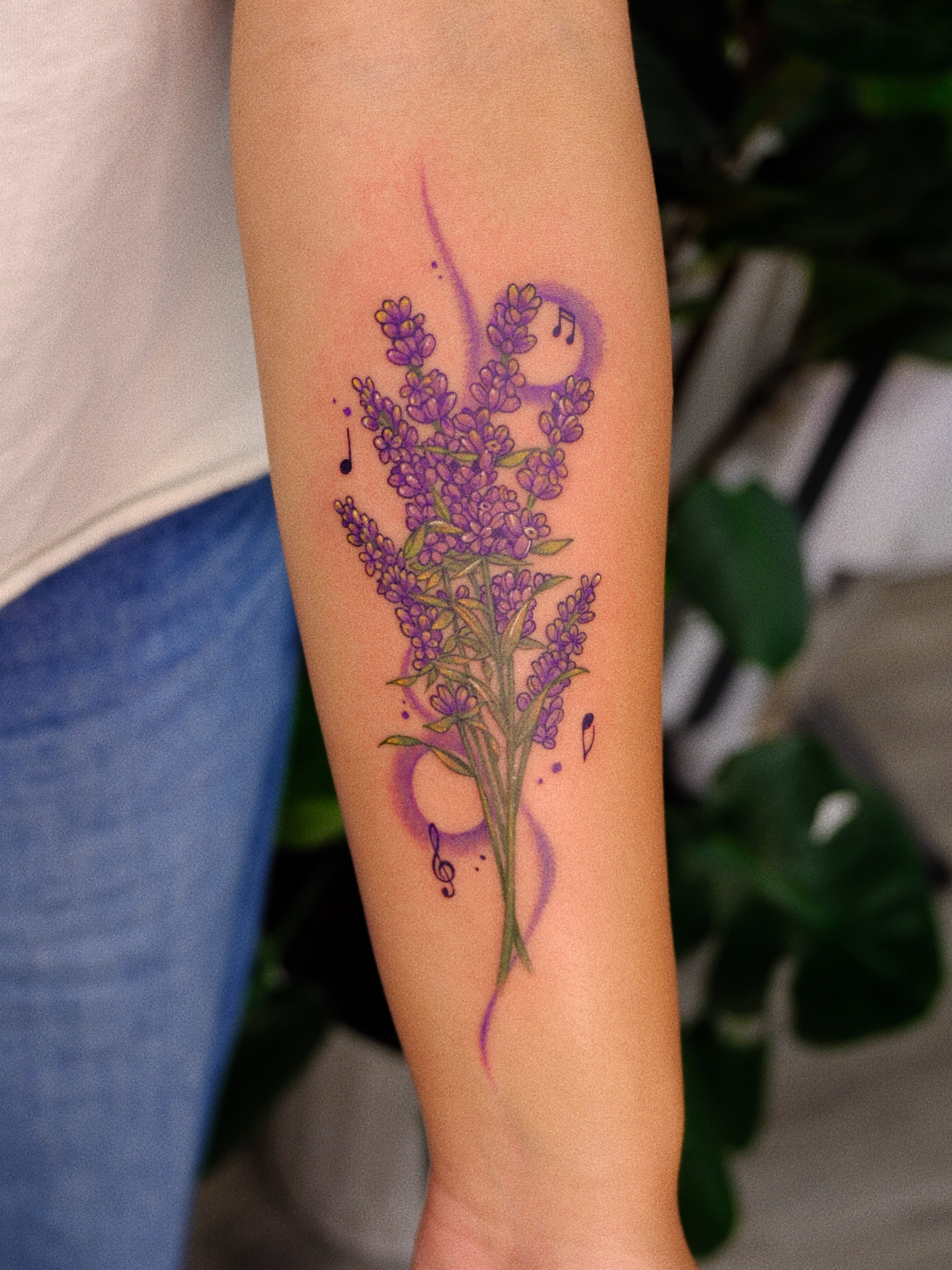 Lavender bouquet dotwork tattoo on the forearm by rita_tattooist