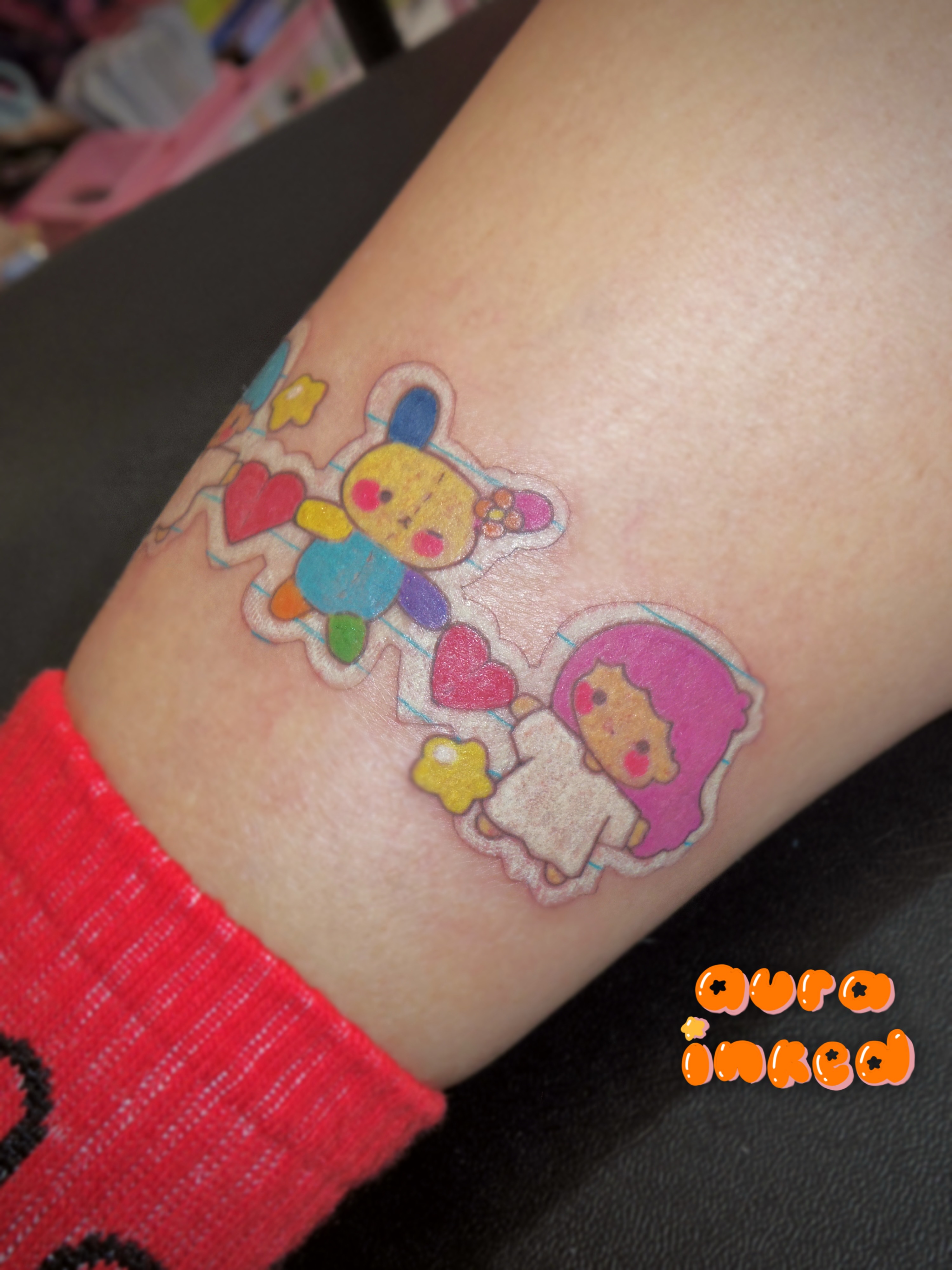 Kawaii characters dotwork tattoo on the forearm by Delly ⌯