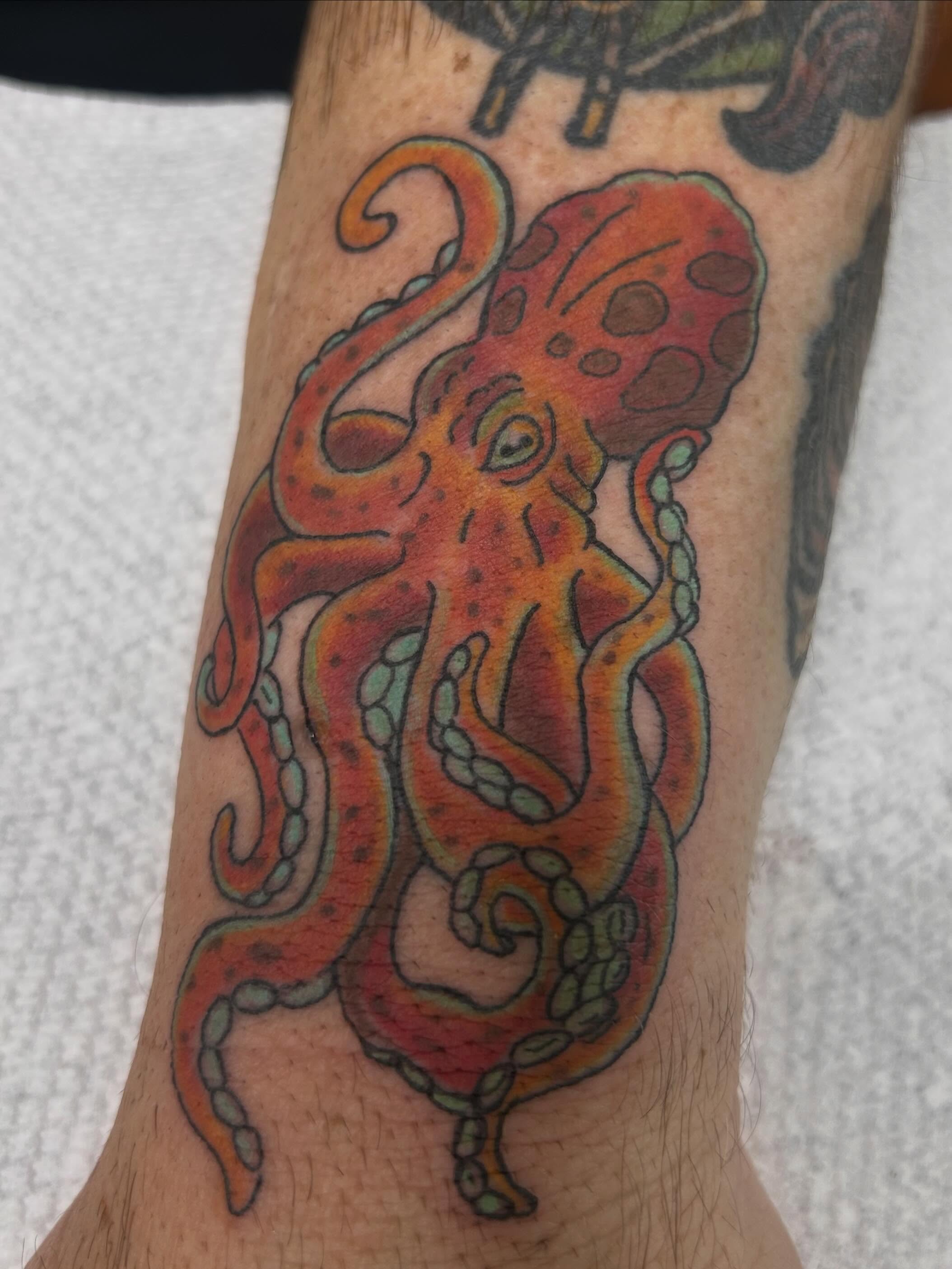 Octopus American traditional tattoo on the forearm by Reilley Earles