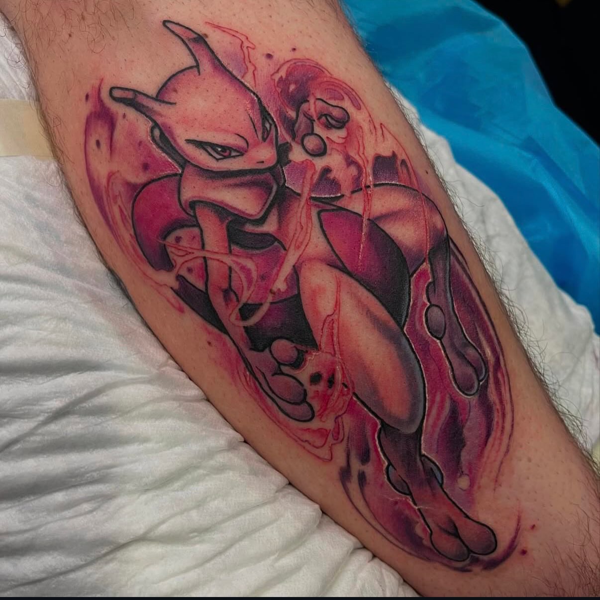 Mewtwo dotwork tattoo on the forearm by Matthew Gordon