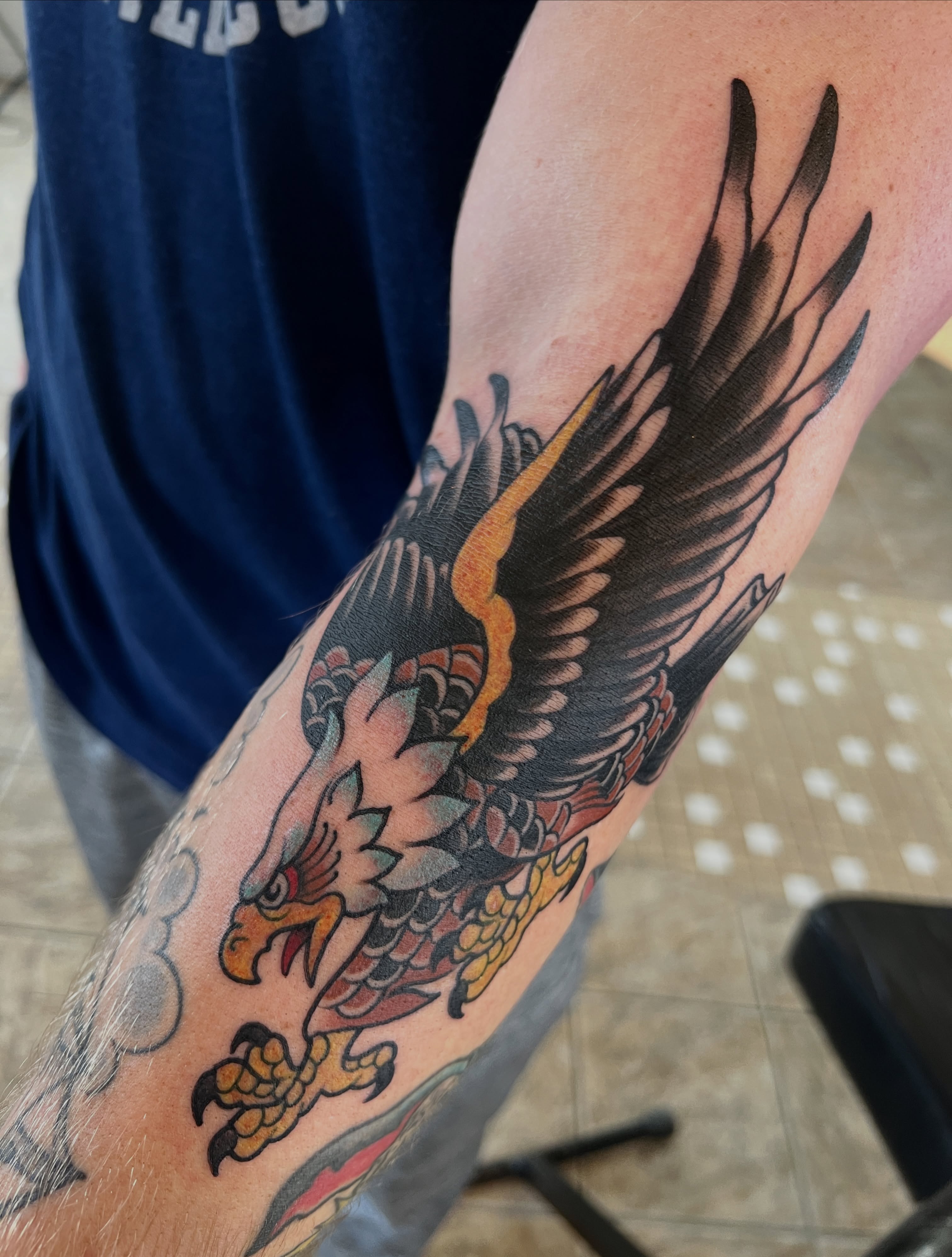 Eagle American traditional tattoo on the forearm by Cary Aldridge