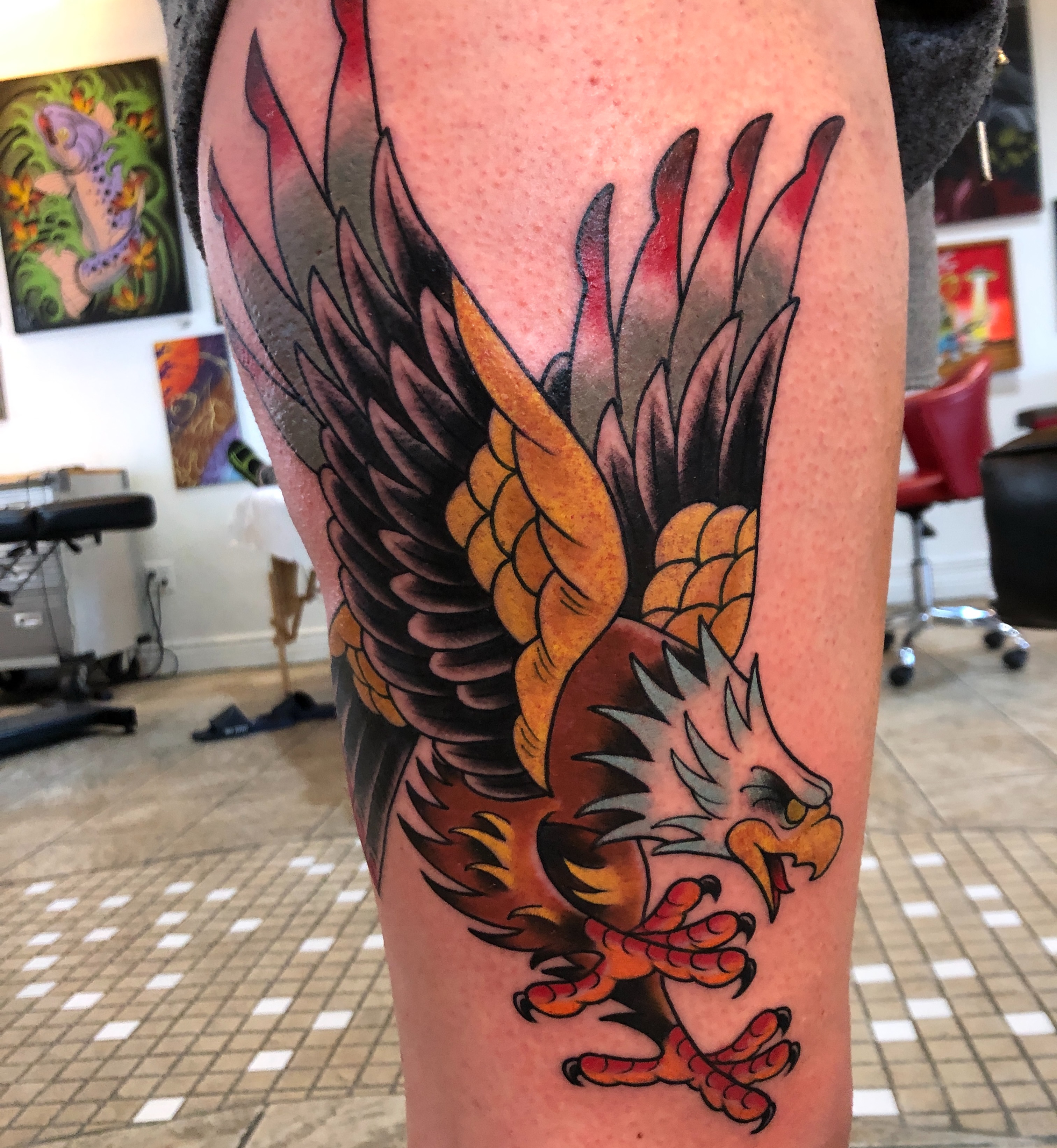 Eagle American traditional tattoo on the thigh by Cary Aldridge