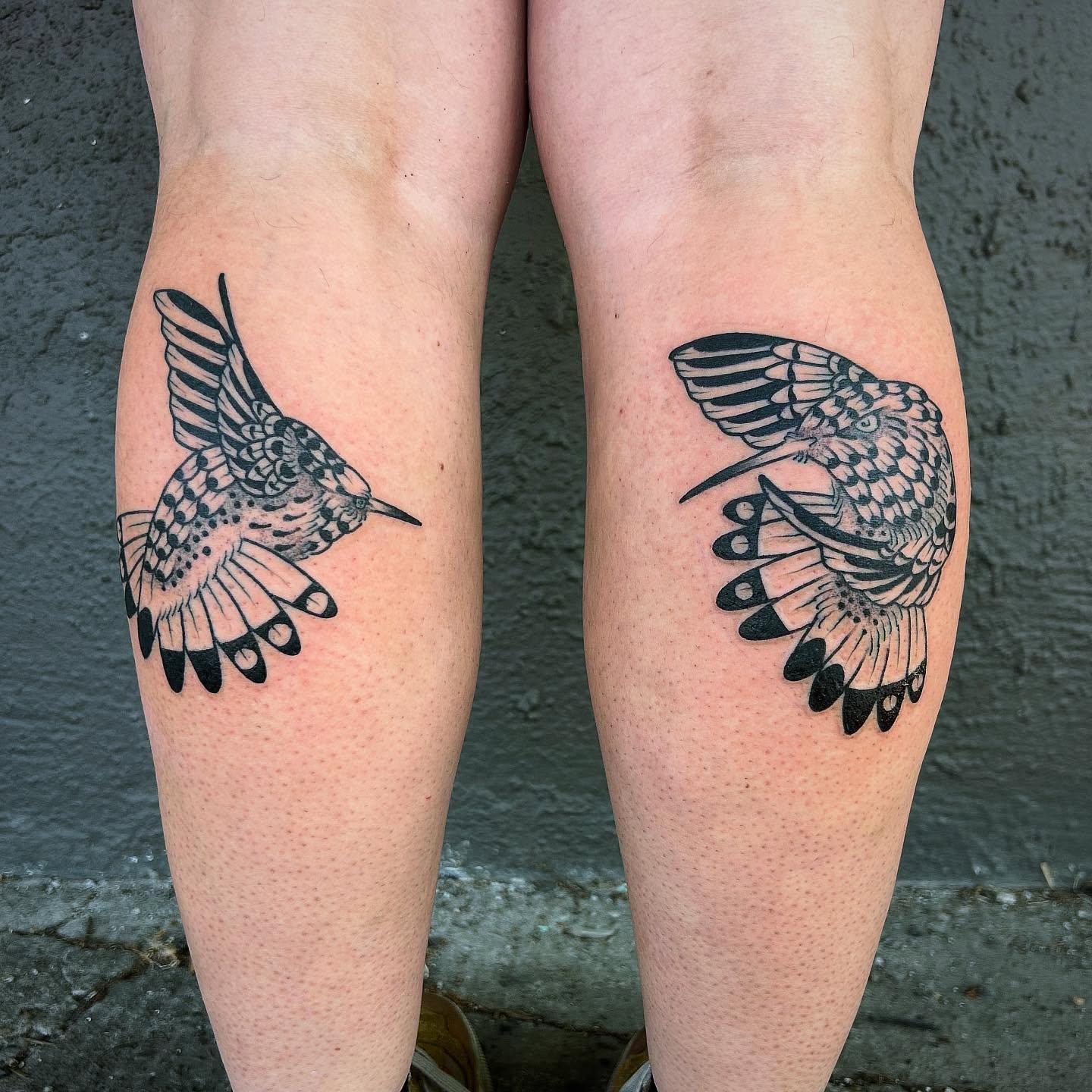 Hummingbird black and grey tattoo on the leg by Erica Finley
