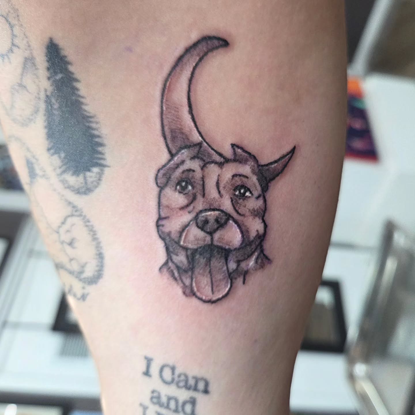 Dog with crescent moon realism tattoo on the forearm by Matthew Todd Kremer