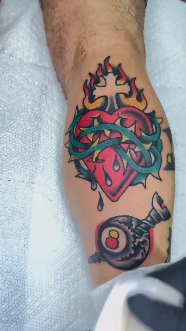 Sacred Heart with 8-ball American traditional tattoo by Kenny Kastro