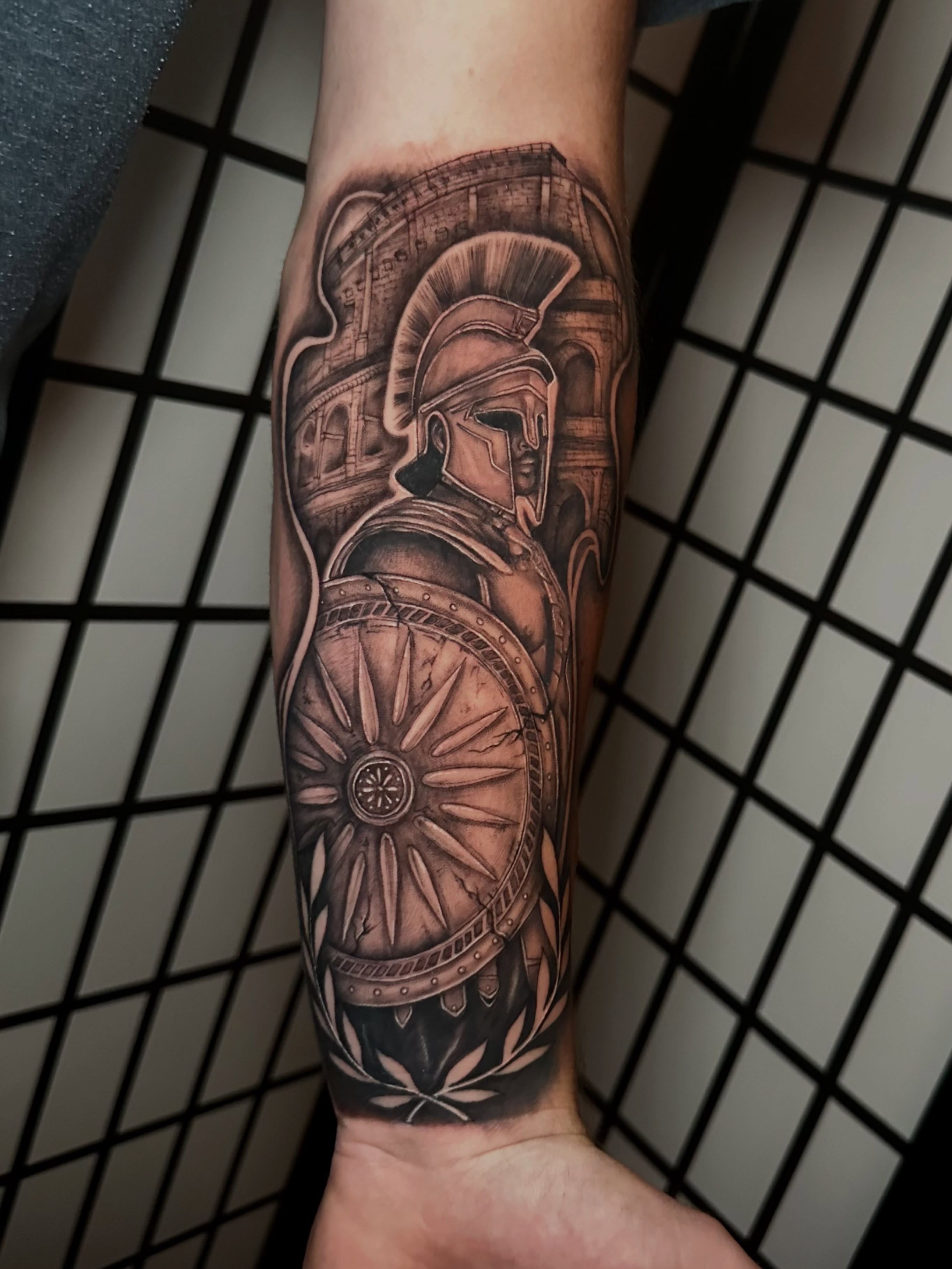Gladiator realism tattoo on the forearm by Megan McKee Tattoo Artist
