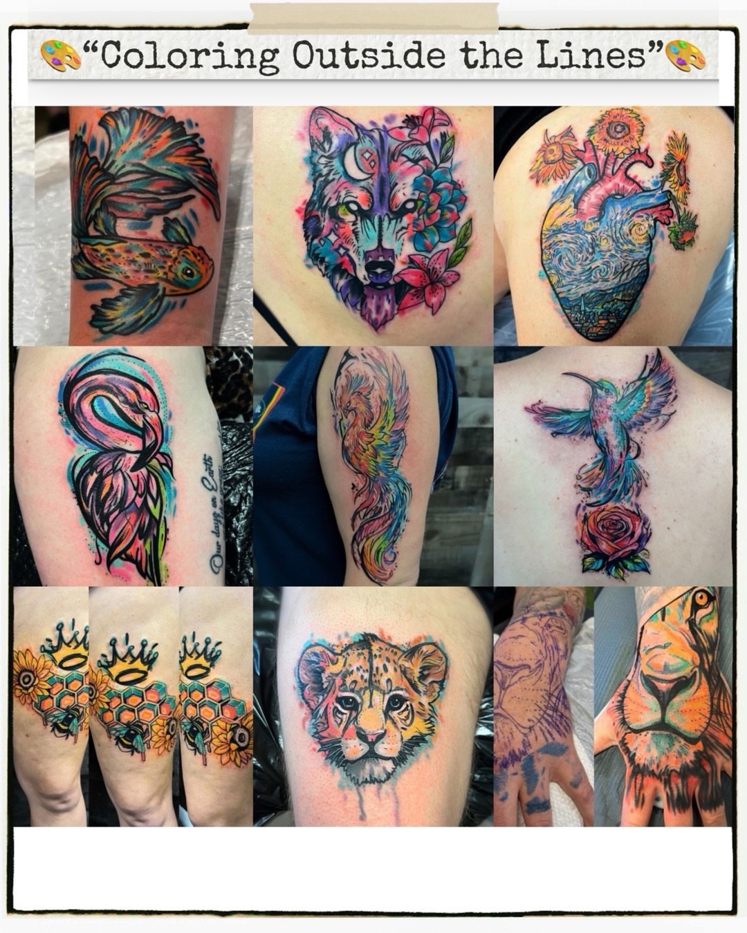 Animal portraits watercolor tattoo on the upper arm by Hugh Anthony Washington, Hattiesburg, Mississippi