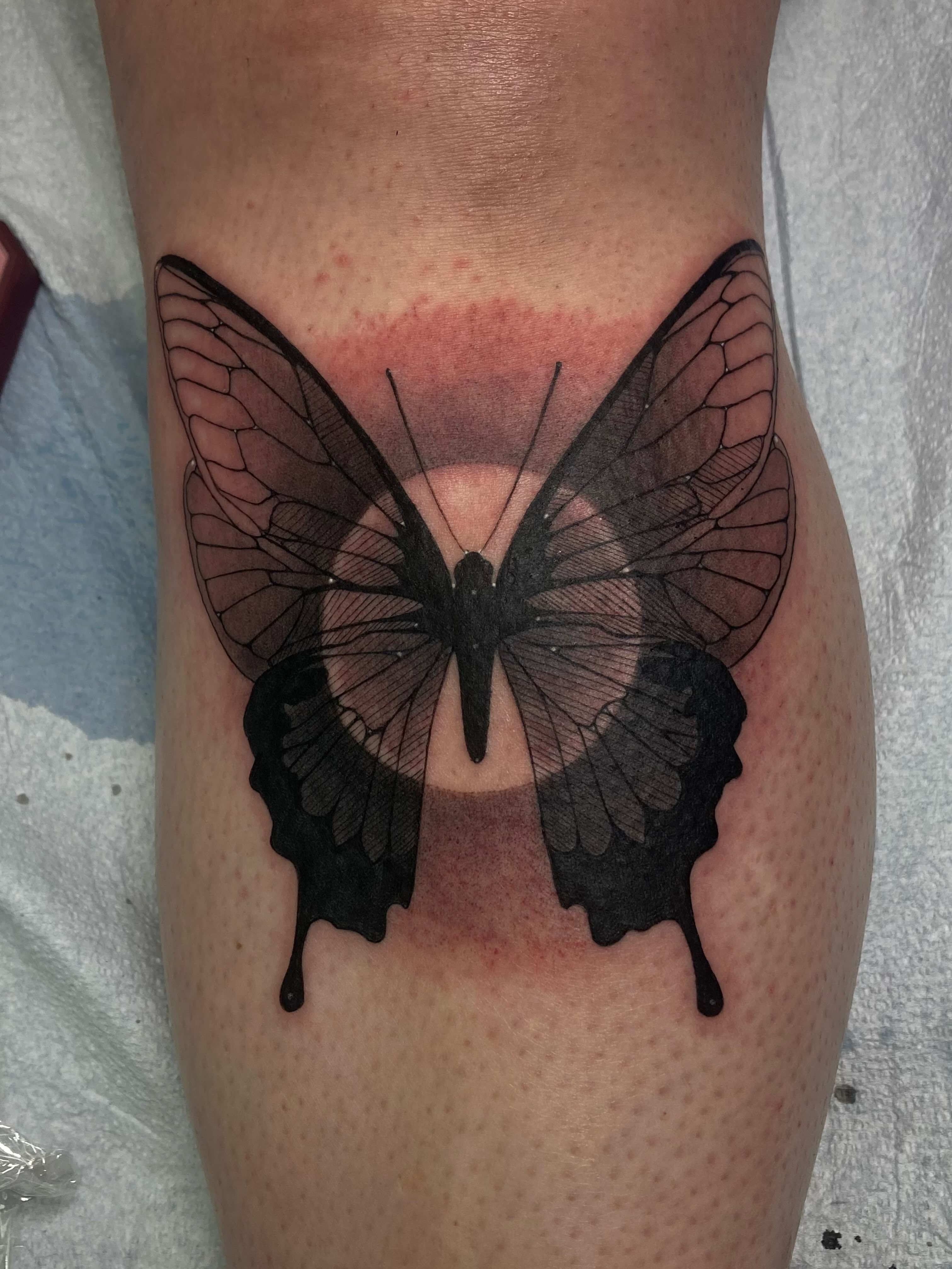 Butterfly realism tattoo on the thigh by Rizzie D'Alterio