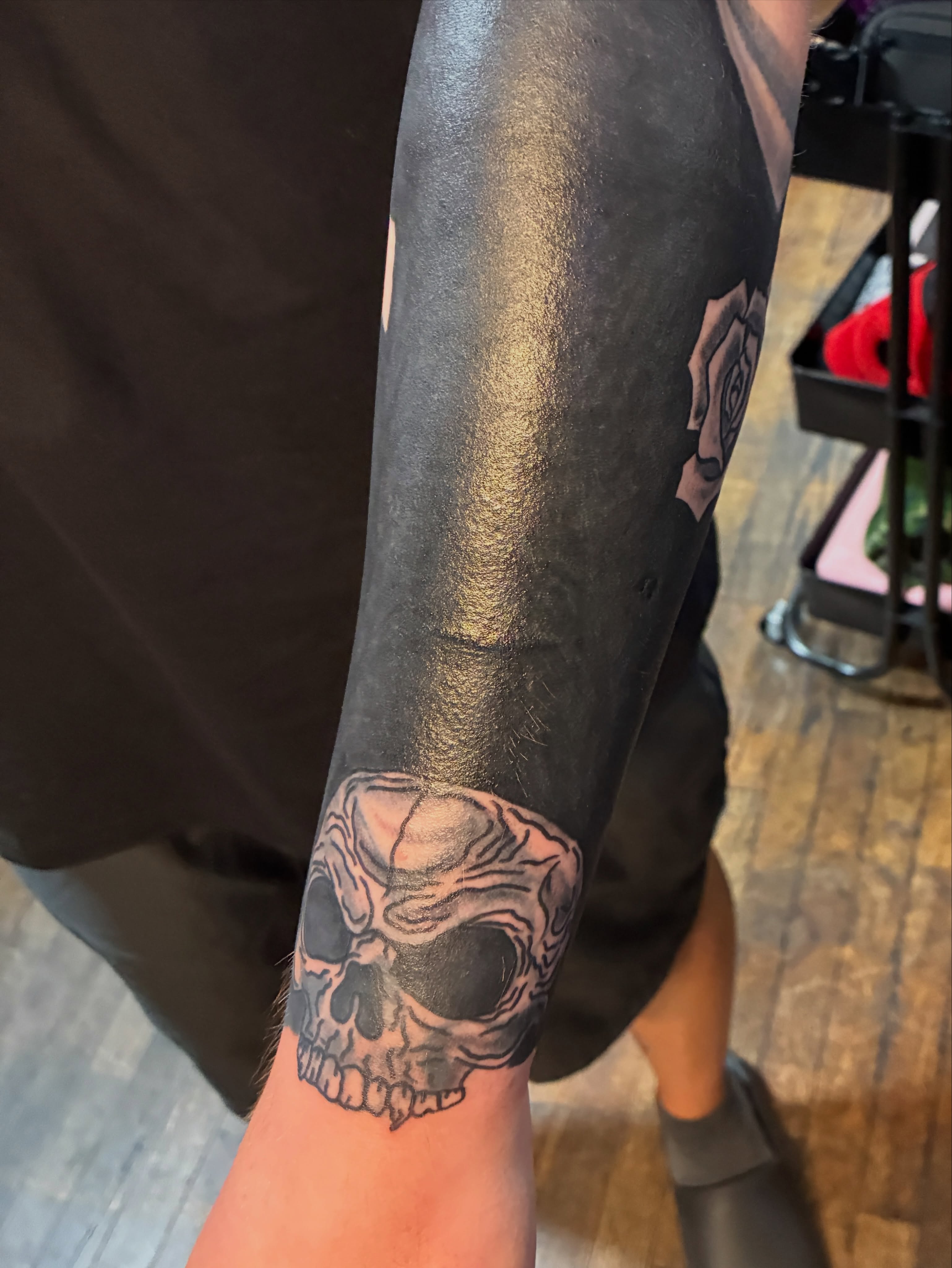 Skull black and grey tattoo on the forearm by Seattle Tattoo Artist
