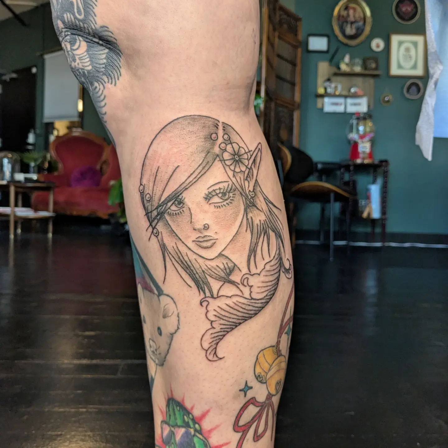 Mermaid American traditional tattoo on the leg by Madison Cañedo ✺ Portland tattoo