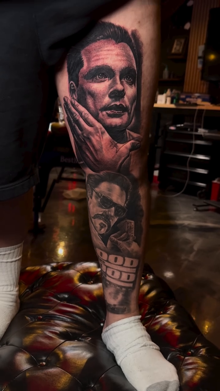 Man's portrait and skulls realism tattoo by Andrew Wine🍷Tattoo