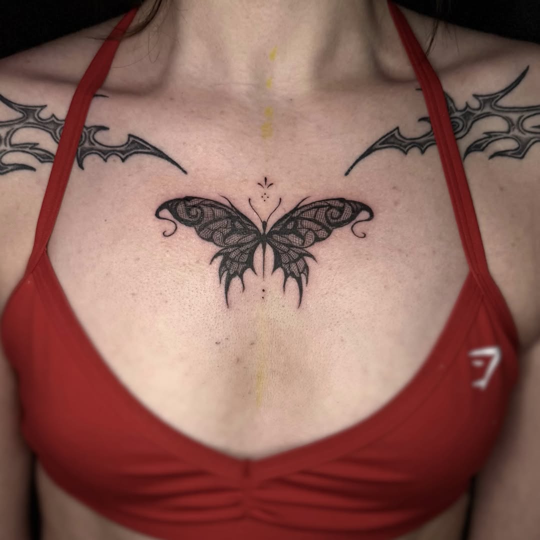 Butterfly black and grey tattoo on the chest by ๐๐ญ๐ฆ๐จ๐ณ๐ข โ๐๐ฆ๐จโ ๐ฆต