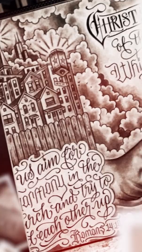 Religious text and imagery lettering script tattoo by F e A R