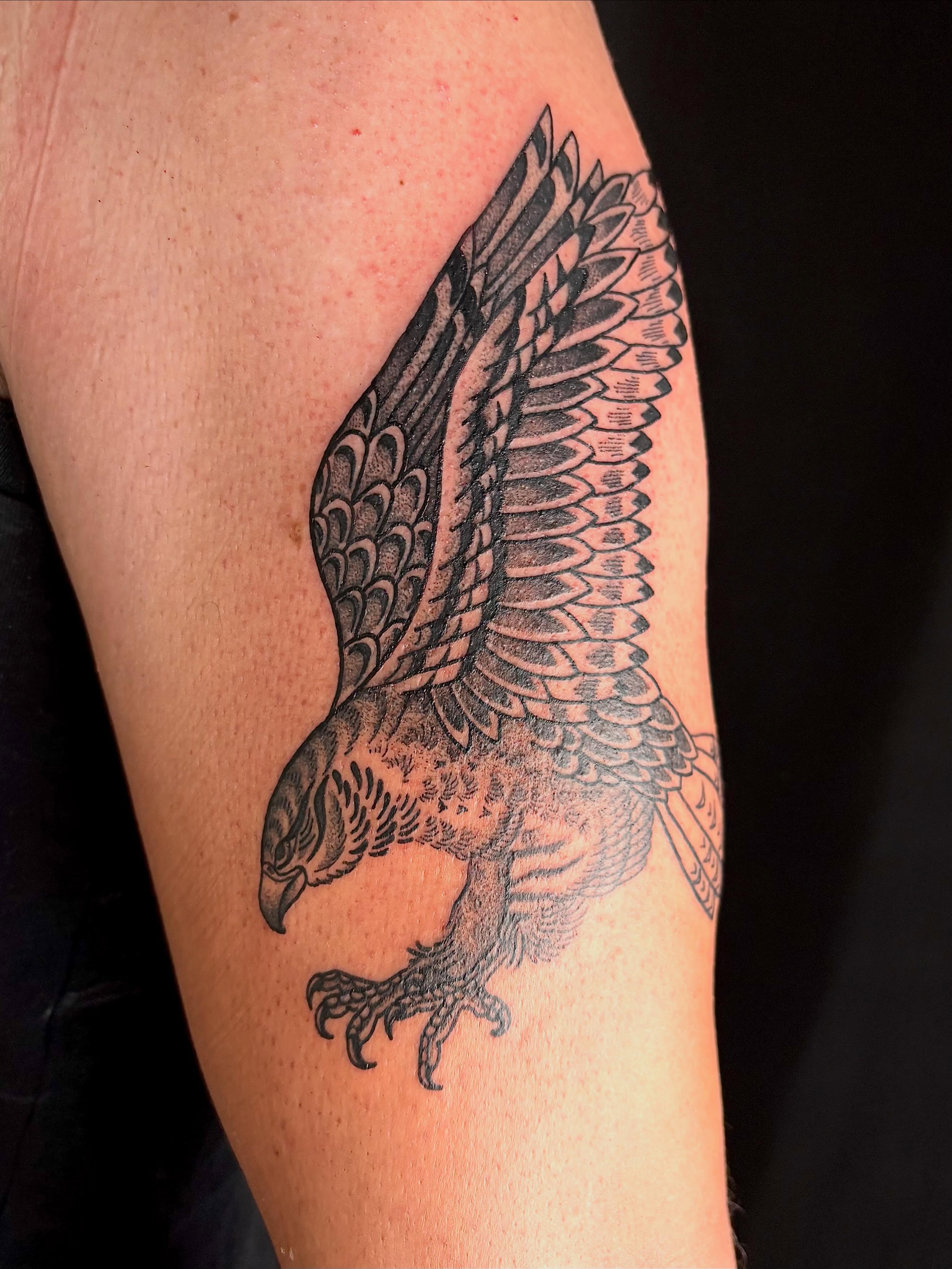 Eagle black and grey tattoo on the forearm by Erica McCullough
