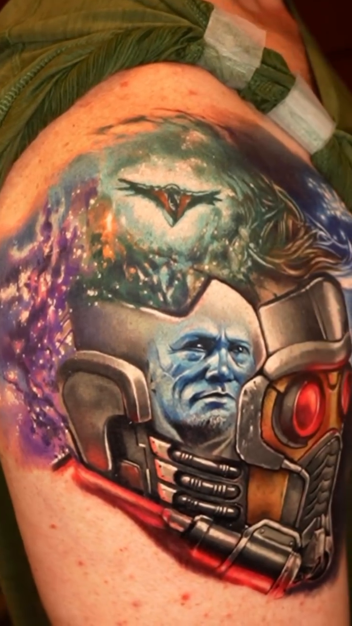 Star-Lord's helmet with Ego and Mantis realism tattoo by Ben Ochoa
