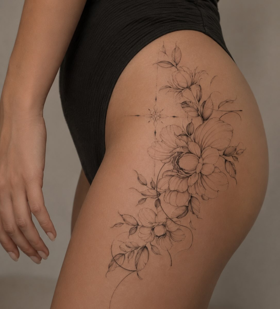 Floral bouquet realism tattoo on the thigh by ꜰɪɴᴇ ʟɪɴᴇ ᴛᴀᴛᴛᴏᴏꜱ