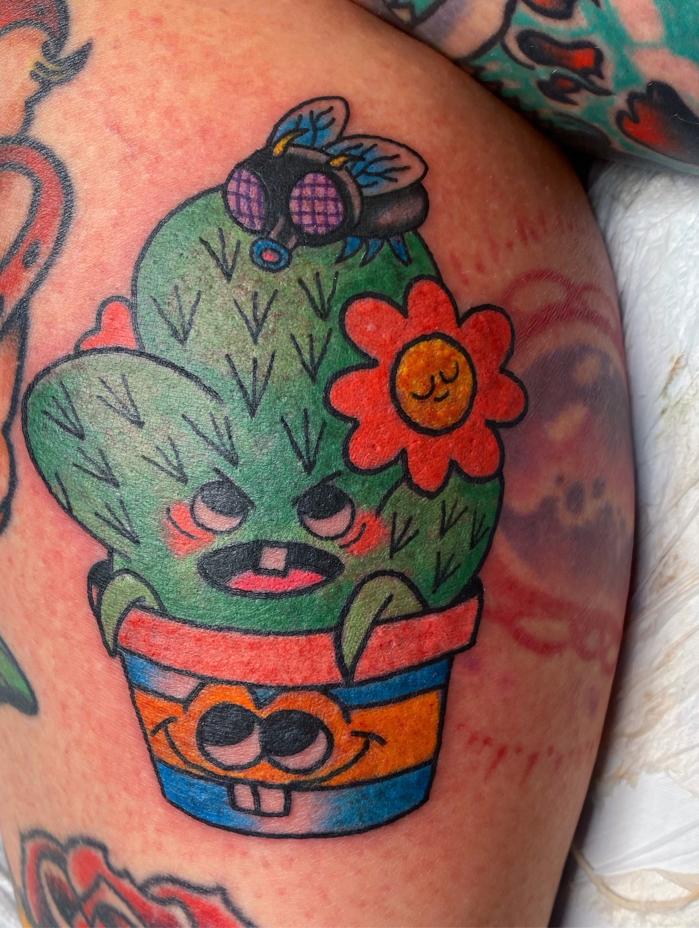 Cactus with flower American traditional tattoo on the shoulder by Aidan Monahan Tattoo