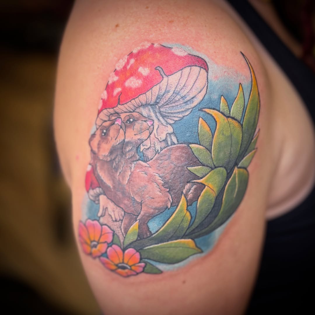 Gnome and mushroom new school tattoo on the shoulder by 🌸Lilac🌸